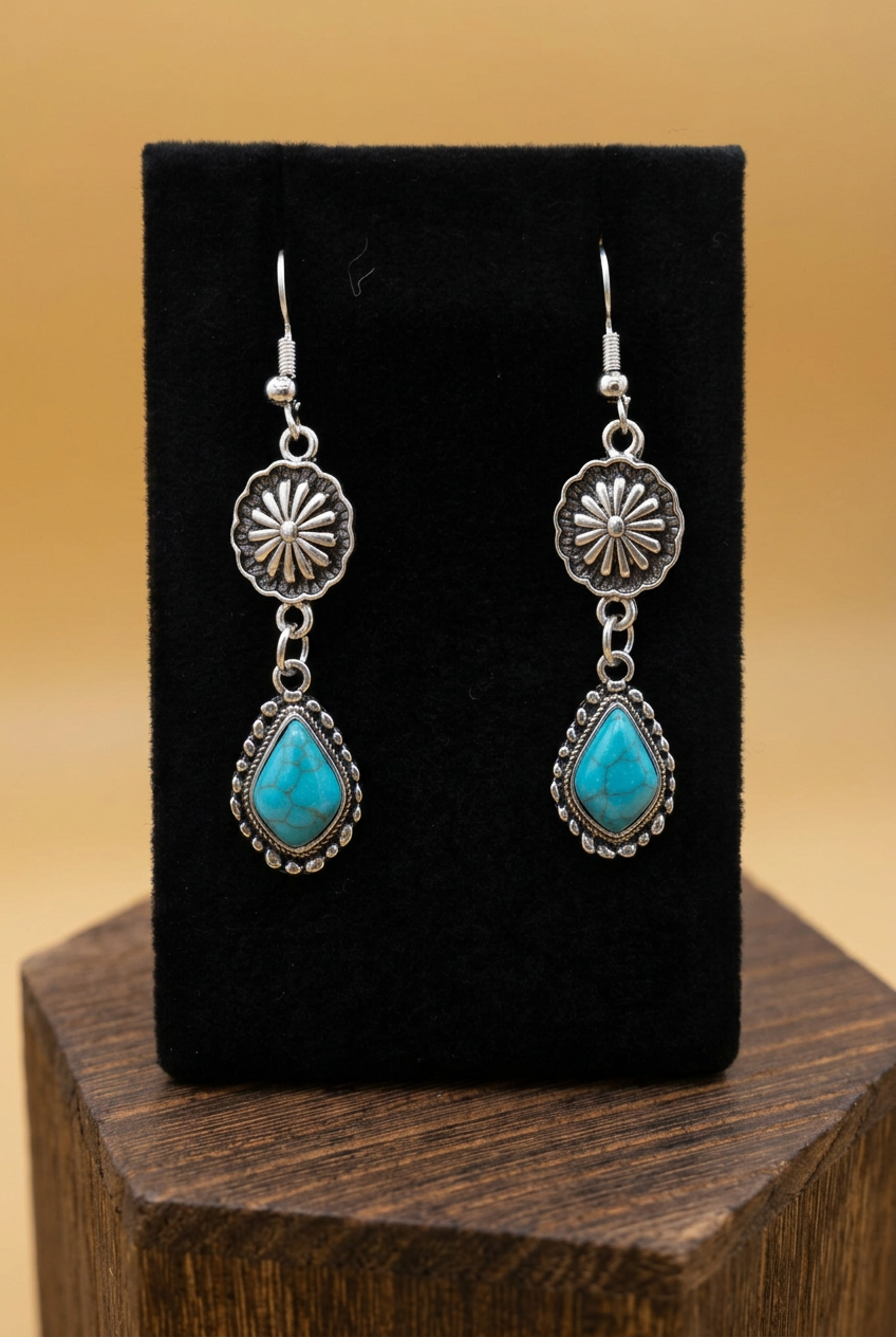 Turquoise Teardrop Dangle Earrings with Southwestern Floral Details