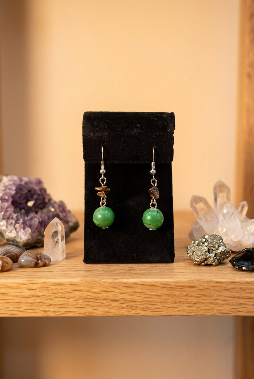 Green Dyed Stone Bead & Tiger’s Eye Chip Dangle Earrings