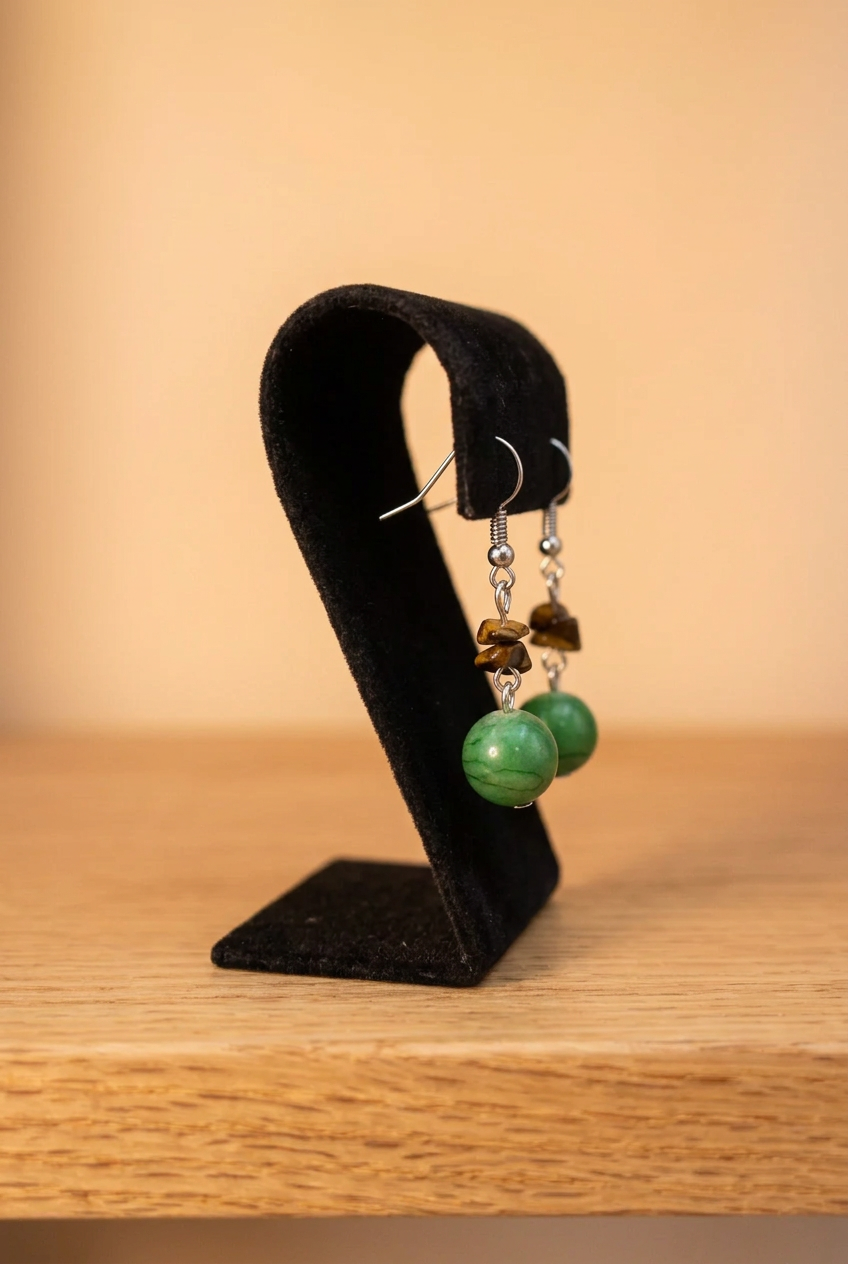 Green Dyed Stone Bead & Tiger’s Eye Chip Dangle Earrings