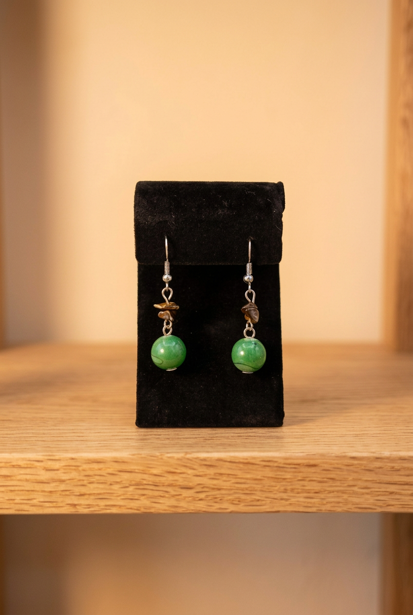 Green Dyed Stone Bead & Tiger’s Eye Chip Dangle Earrings