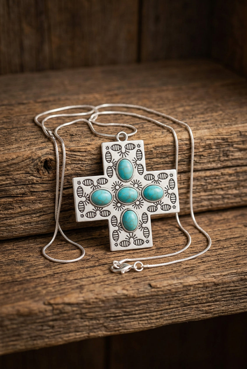 Faux Turquoise Cross Necklace with Engraved Sunburst Details