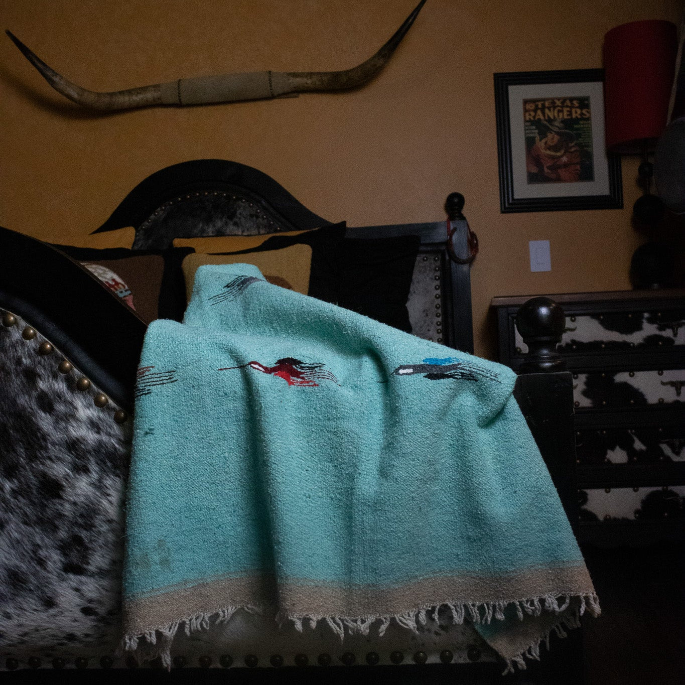 Vintage Southwestern Native American Turquoise Colored Thunderbird Blanket 8x6 ft