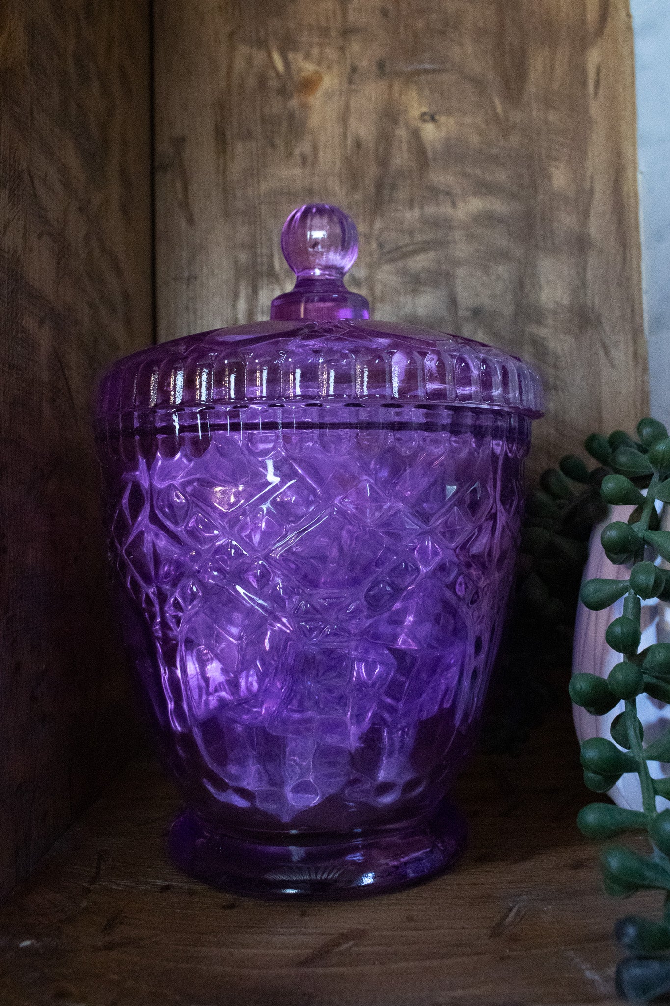 Vintage Victorian Trading Co. Purple Depression Glass Candy Jar with Lid