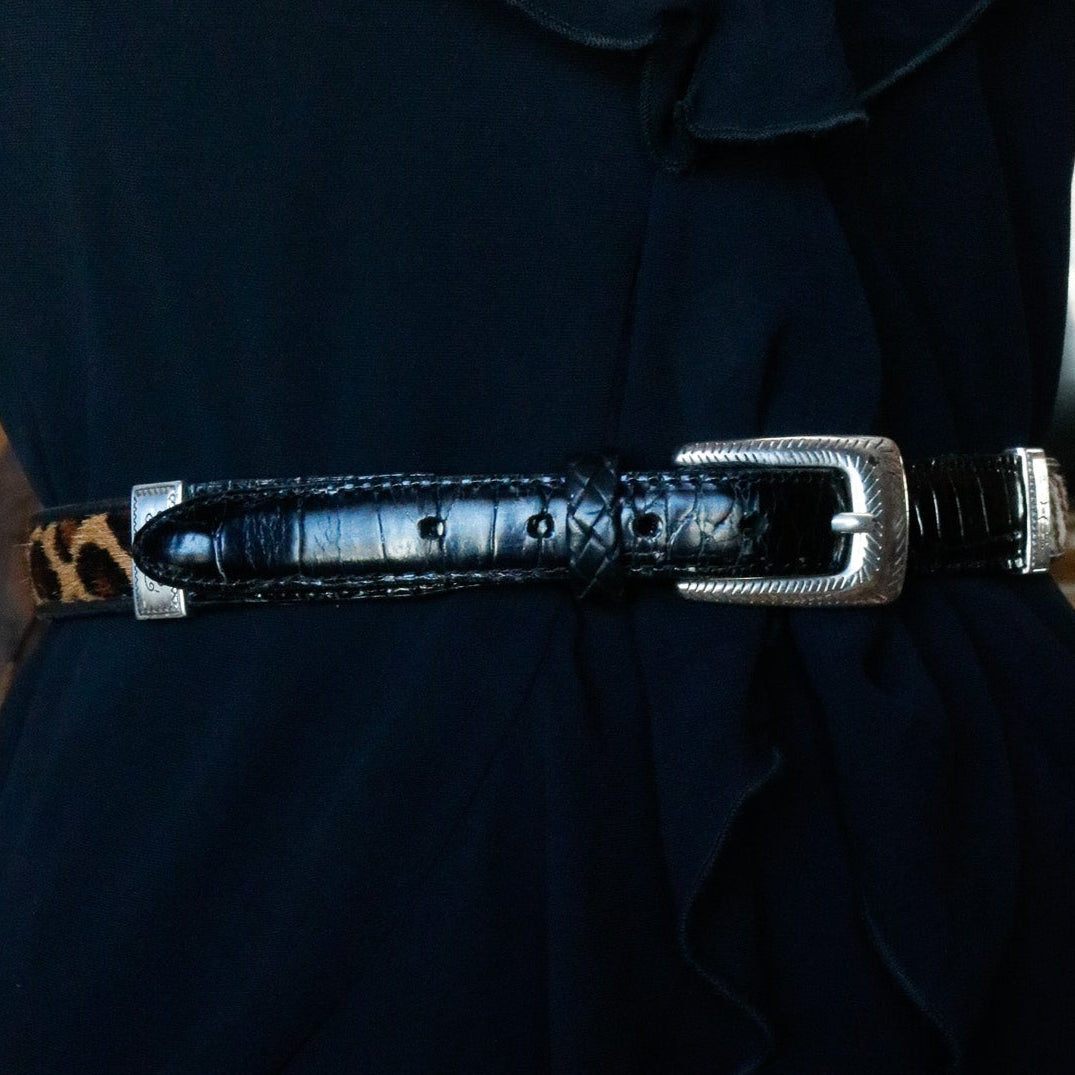 Brighton Black & Brown Leather with Faux-Fur and Silver Buckles Vintage-style Belt