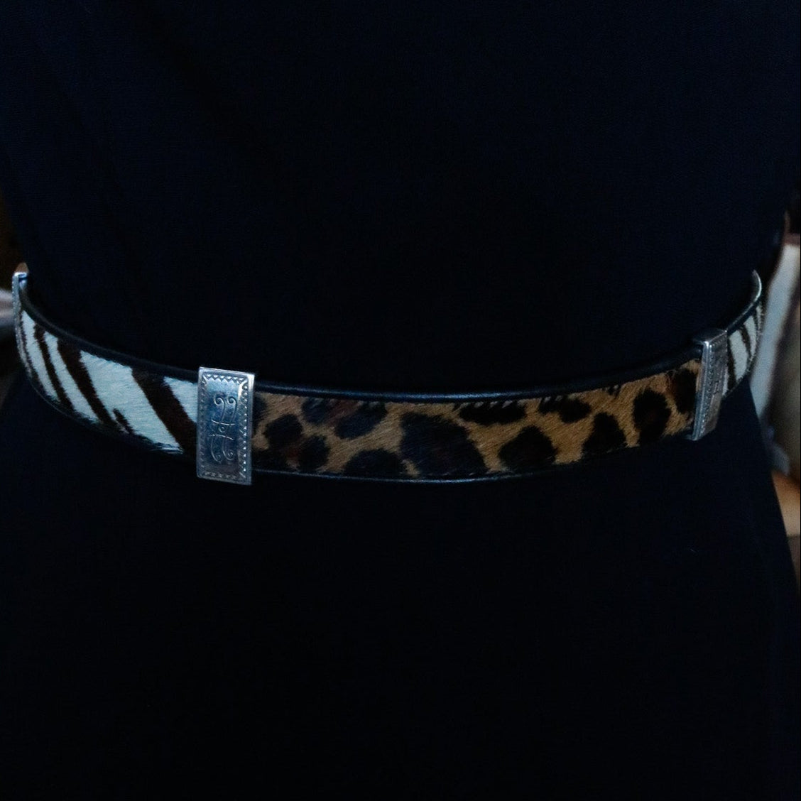 Brighton Black & Brown Leather with Faux-Fur and Silver Buckles Vintage-style Belt