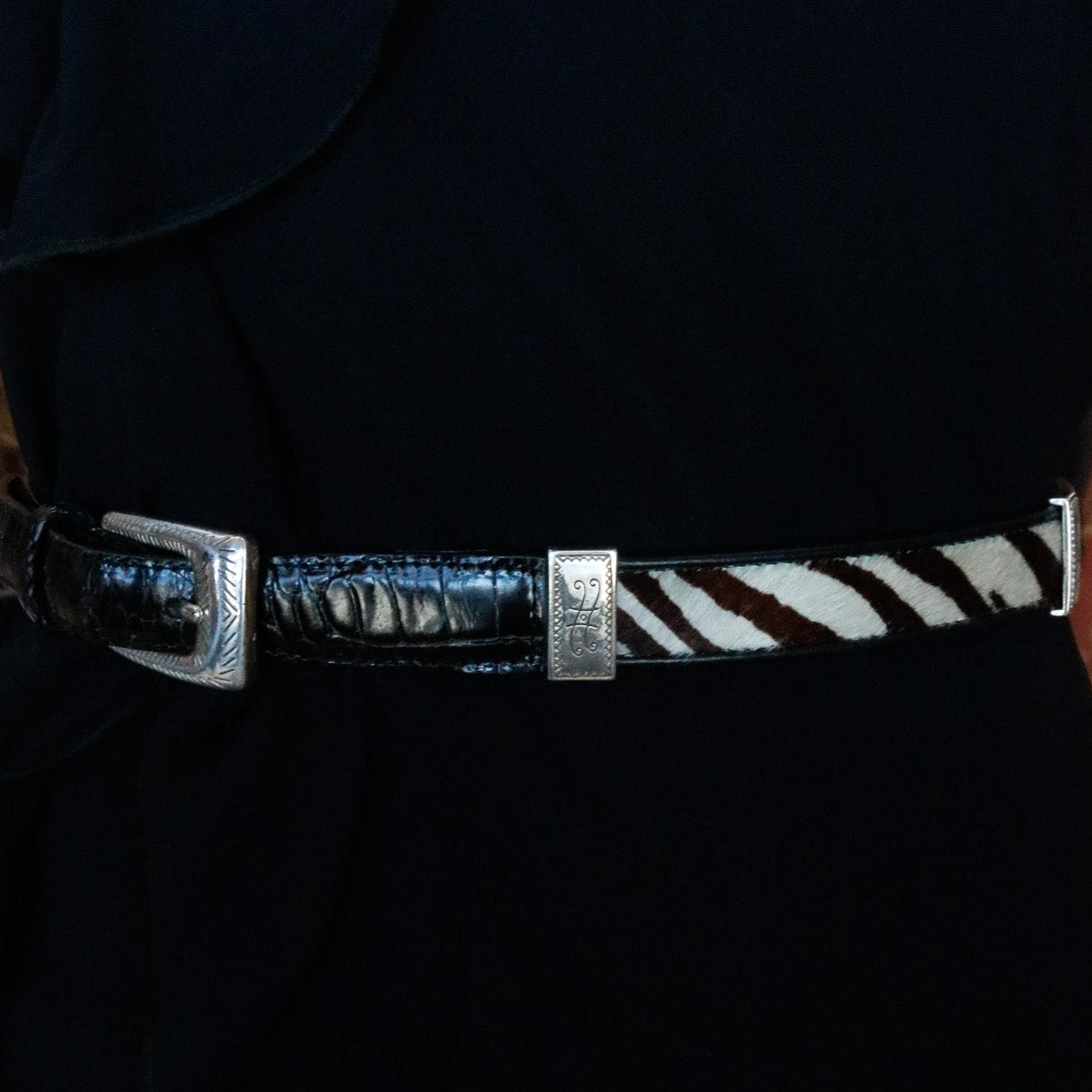 Brighton Black & Brown Leather with Faux-Fur and Silver Buckles Vintage-style Belt