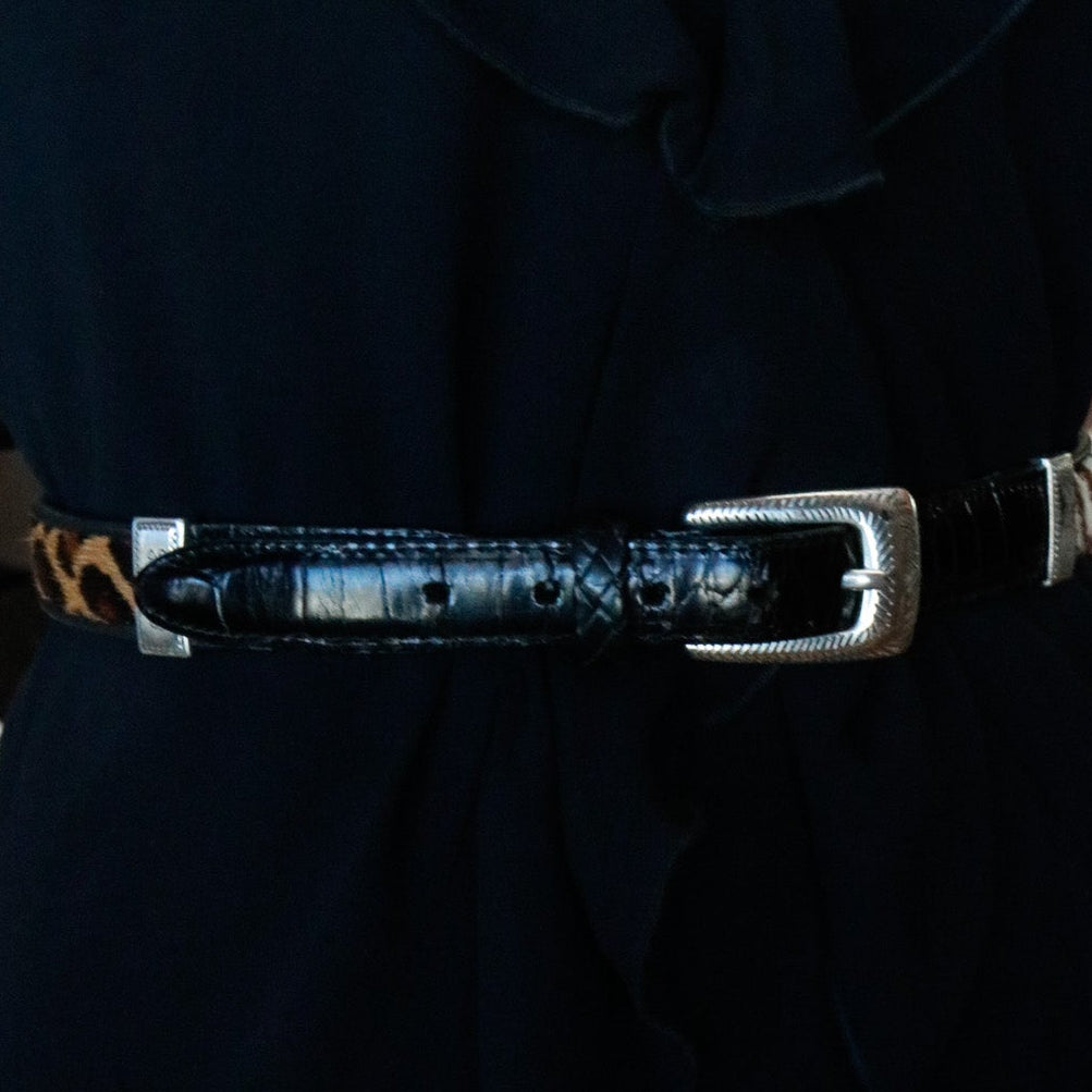 Brighton Black & Brown Leather with Faux-Fur and Silver Buckles Vintage-style Belt