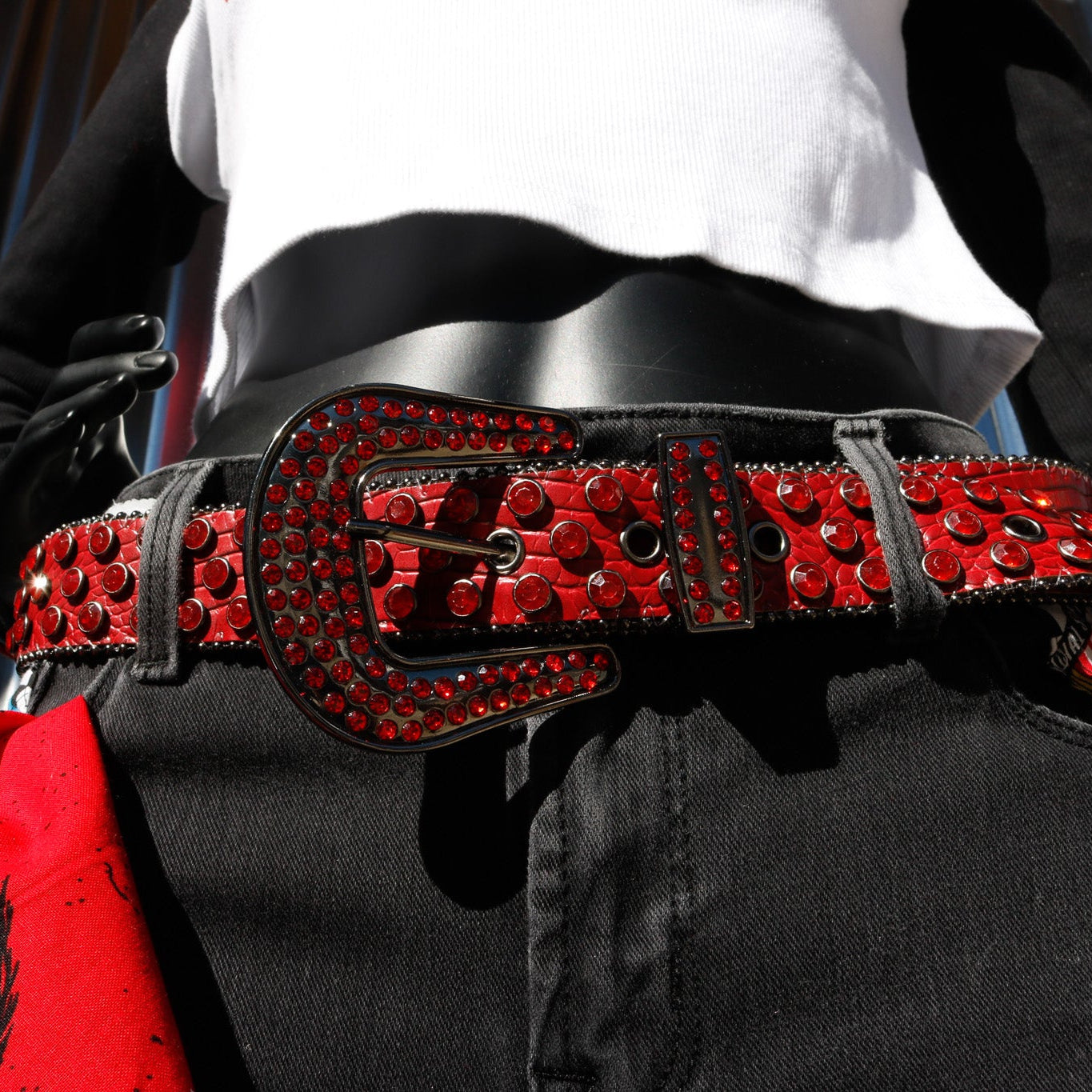 G.G. Simon Red Rhinestone Faux-Snakeskin Punk Buckle Belt