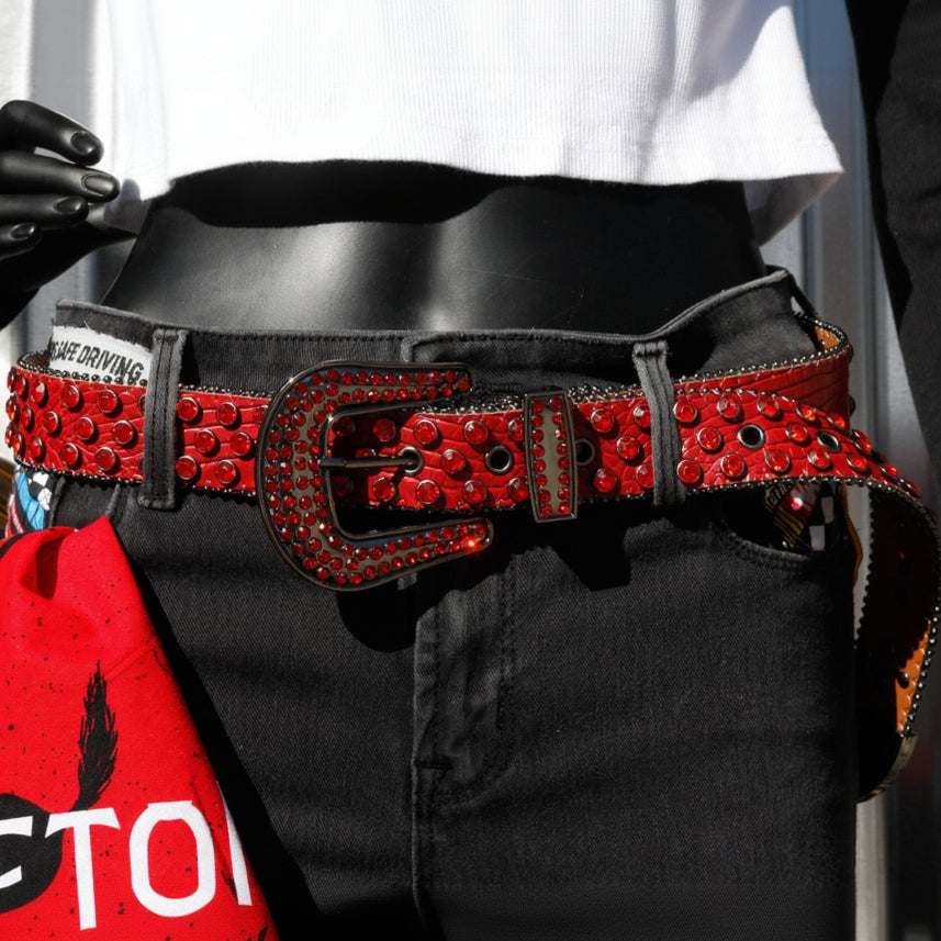 G.G. Simon Red Rhinestone Faux-Snakeskin Punk Buckle Belt