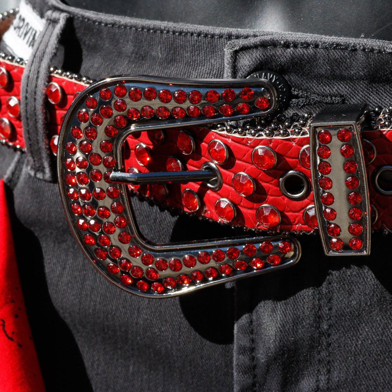 G.G. Simon Red Rhinestone Faux-Snakeskin Punk Buckle Belt