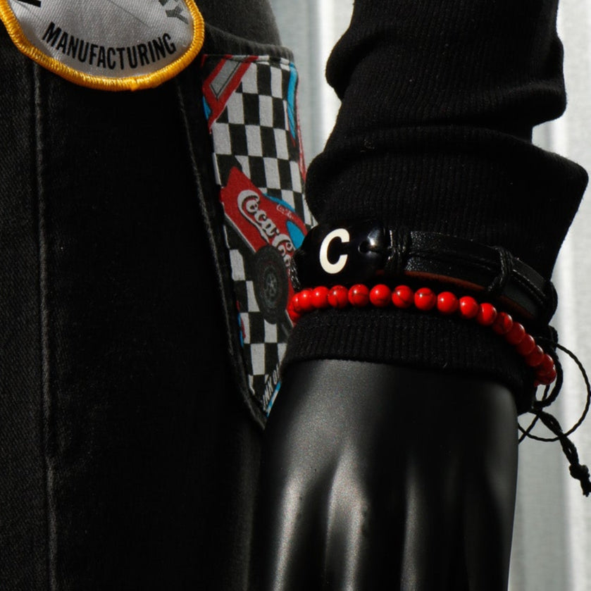 Black Leather Bracelet with a Resin "C" Charm Adjustable Bracelet