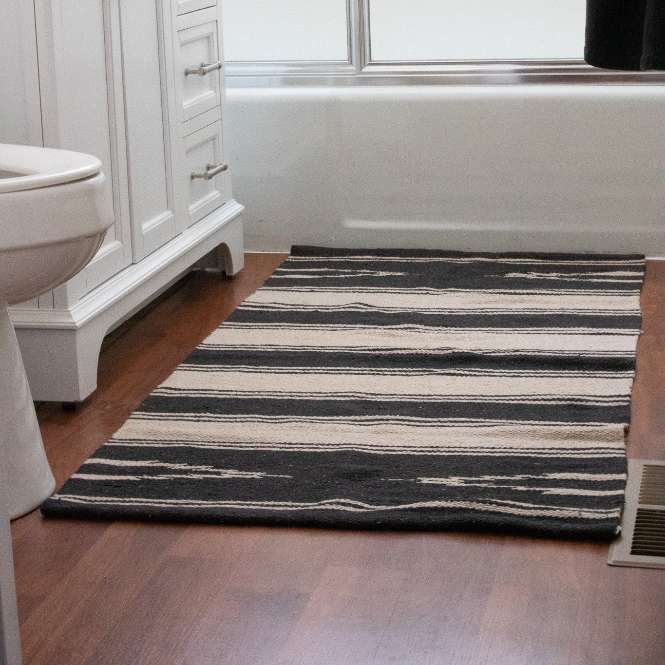 Modern Black and Tan Colored Striped Wool Rug
