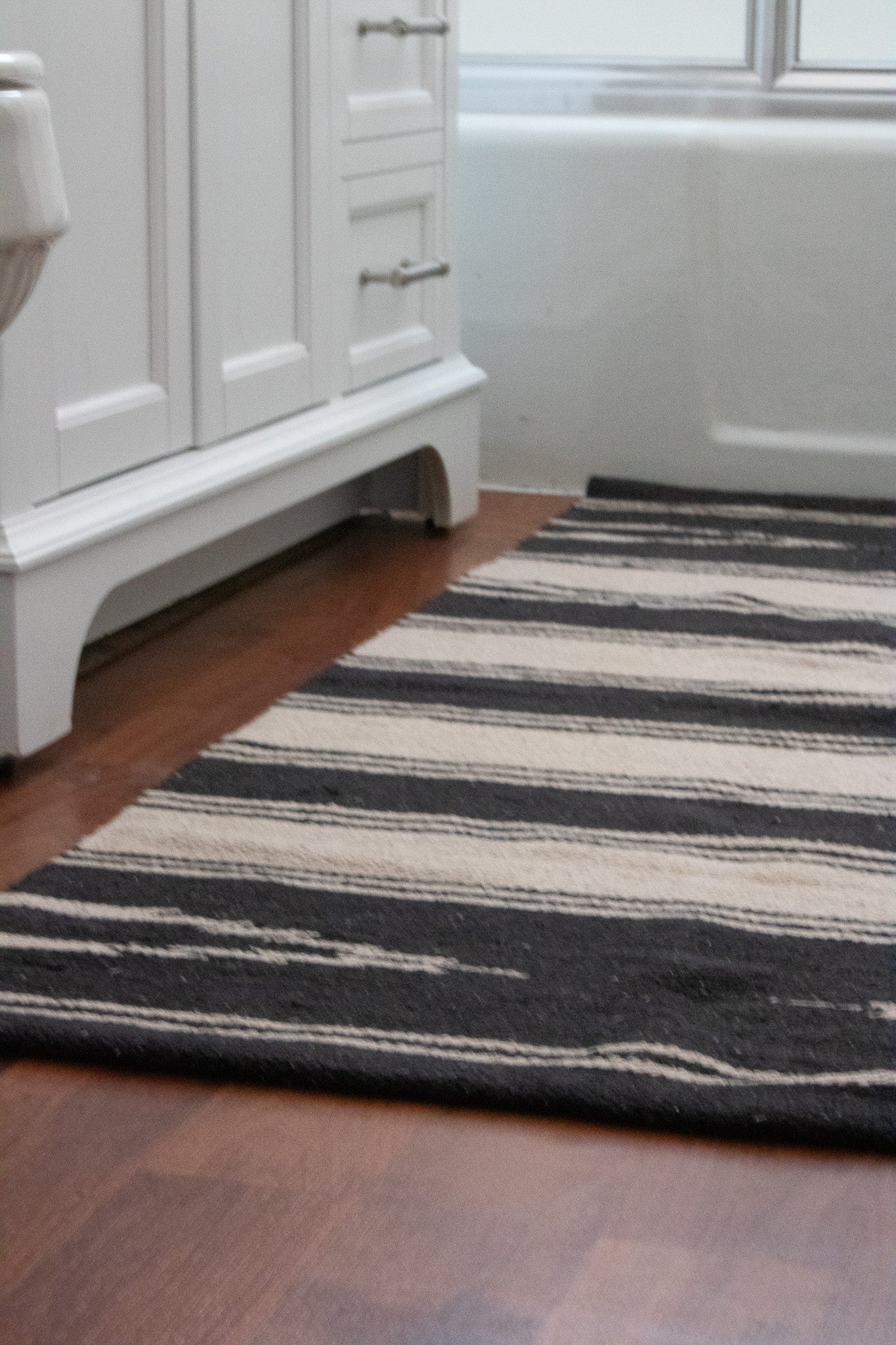 Modern Black and Tan Colored Striped Wool Rug