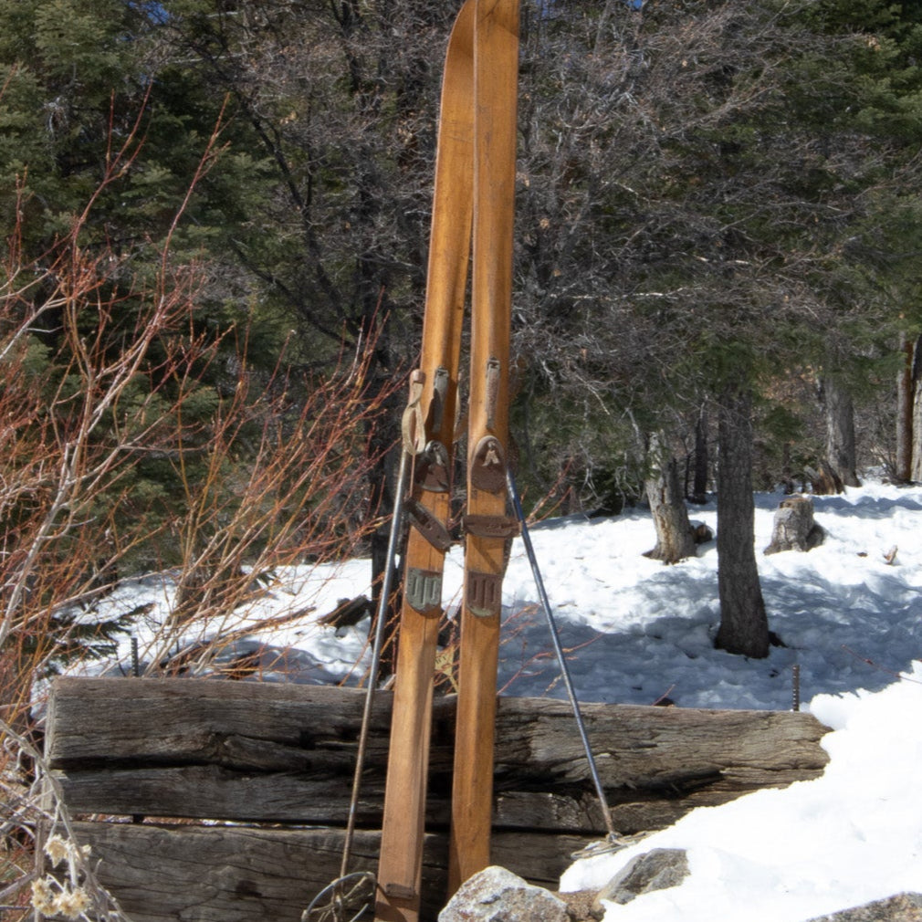Vintage 19th Century Solid Hardwood Wooden Skis with Metal Plate Binding