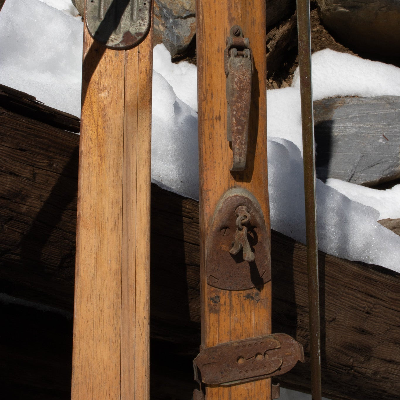 Vintage 19th Century Solid Hardwood Wooden Skis with Metal Plate Binding