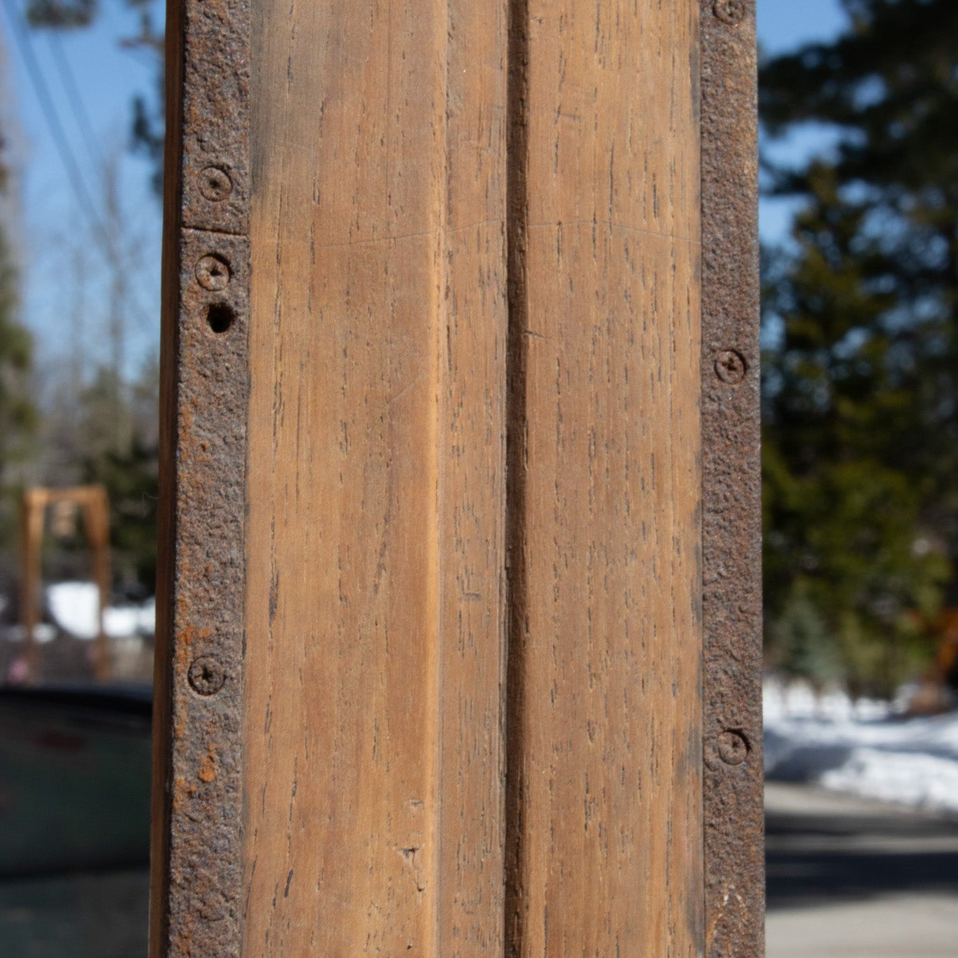Vintage 19th Century Solid Hardwood Wooden Skis with Metal Plate Binding