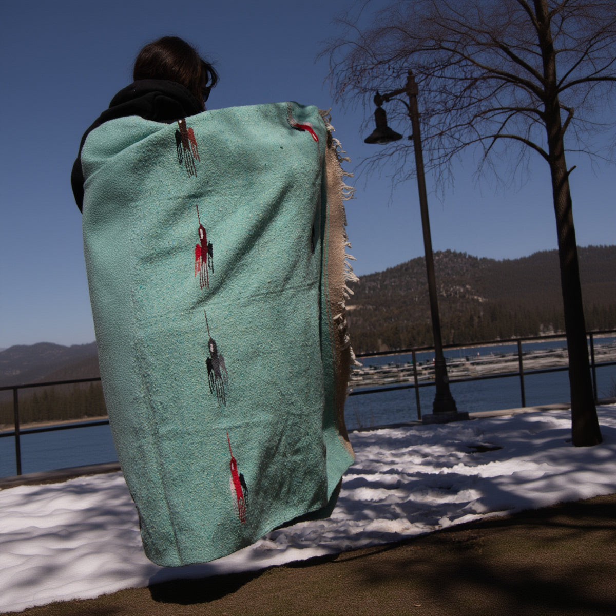 Vintage Southwestern Native American Turquoise Colored Thunderbird Blanket 8x6 ft