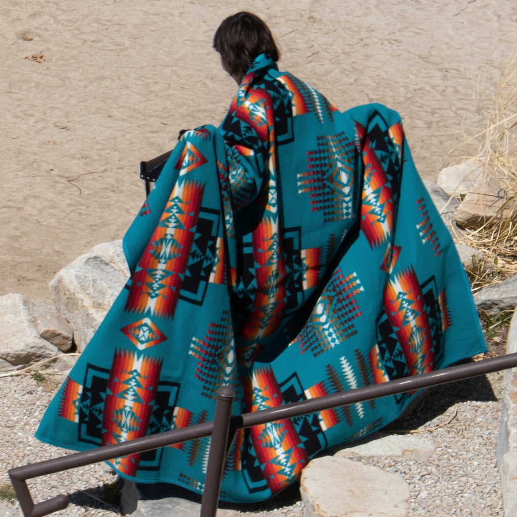 Pendleton Beaver State Blanket Featuring Bold Teal Blue with Warm Reds and Oranges