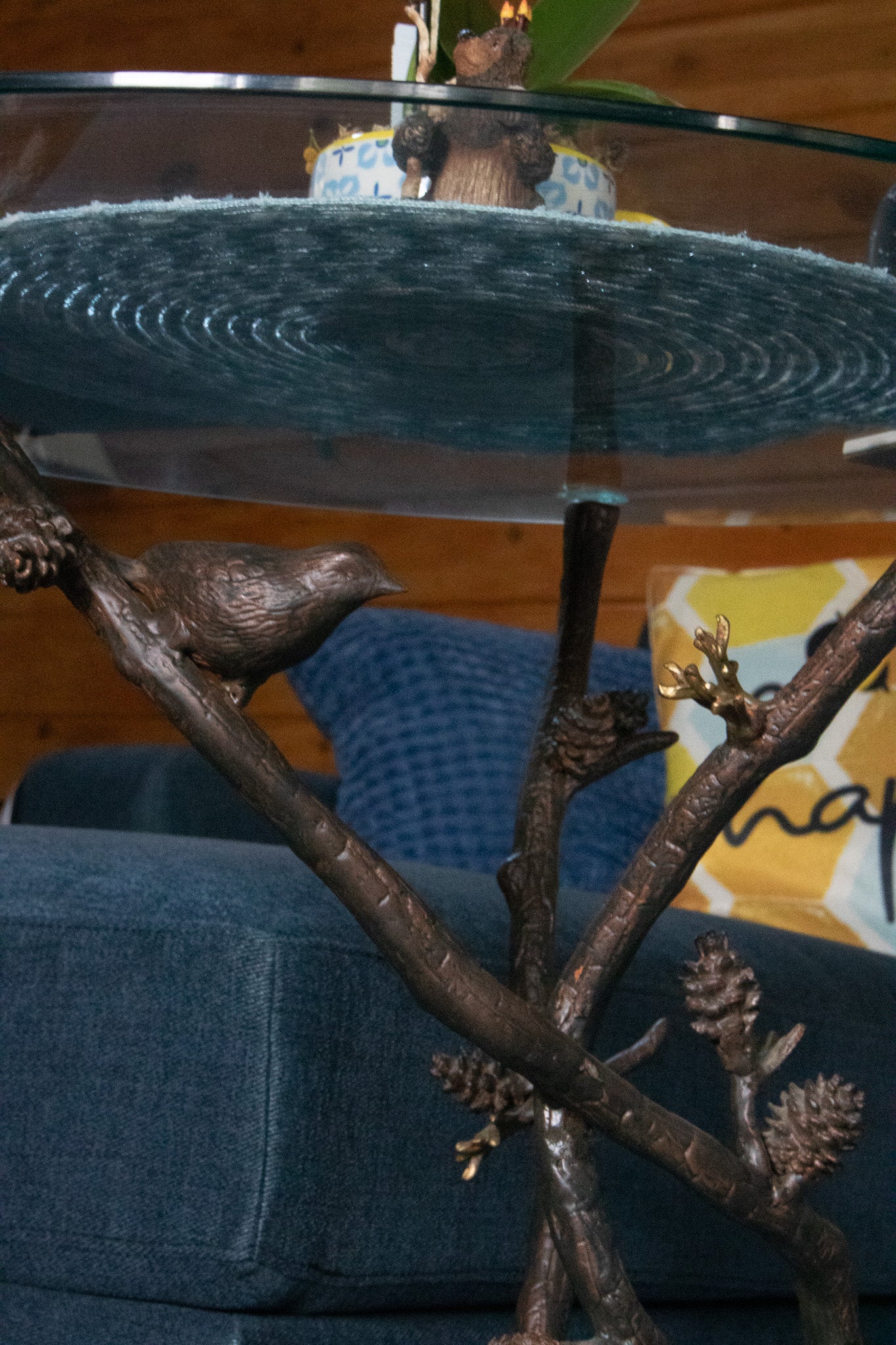 Beautiful Glass Tabletop and Aluminum Frame Tree of Life End Table