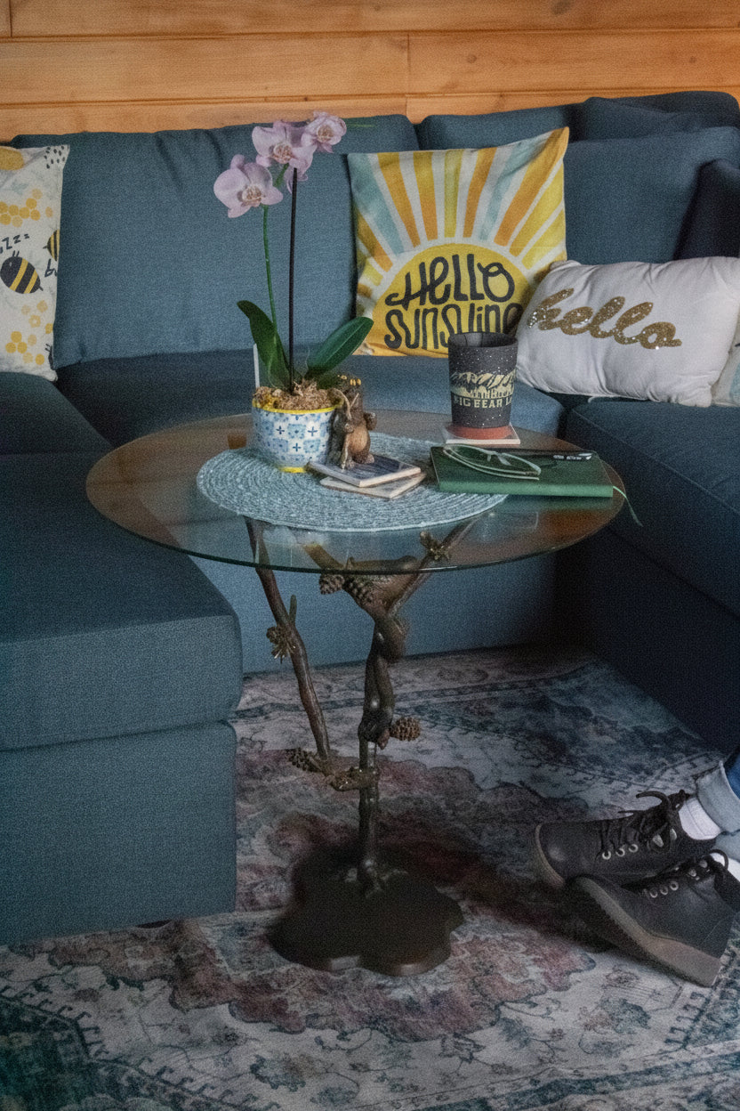Beautiful Glass Tabletop and Aluminum Frame Tree of Life End Table