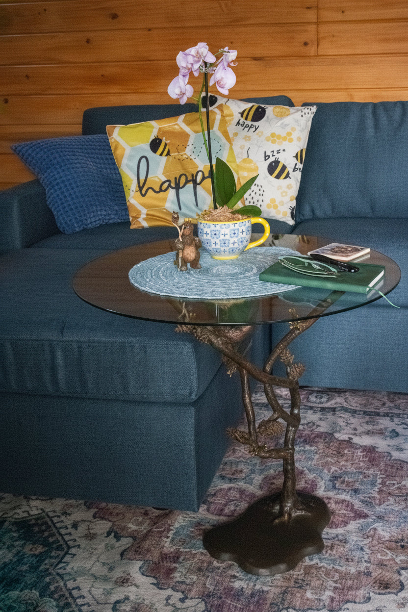 Beautiful Glass Tabletop and Aluminum Frame Tree of Life End Table