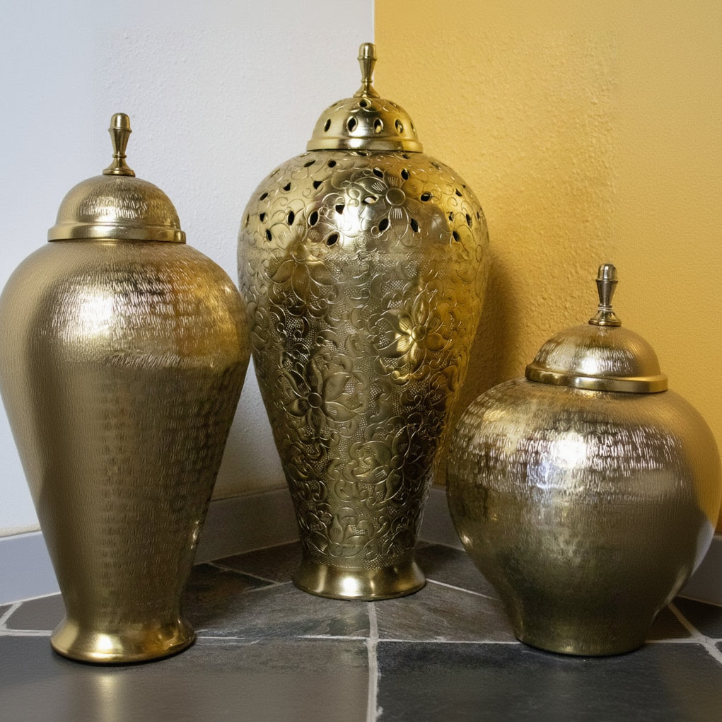 Elegant Golden Vase with Decorative Floral Design Handcrafted in India