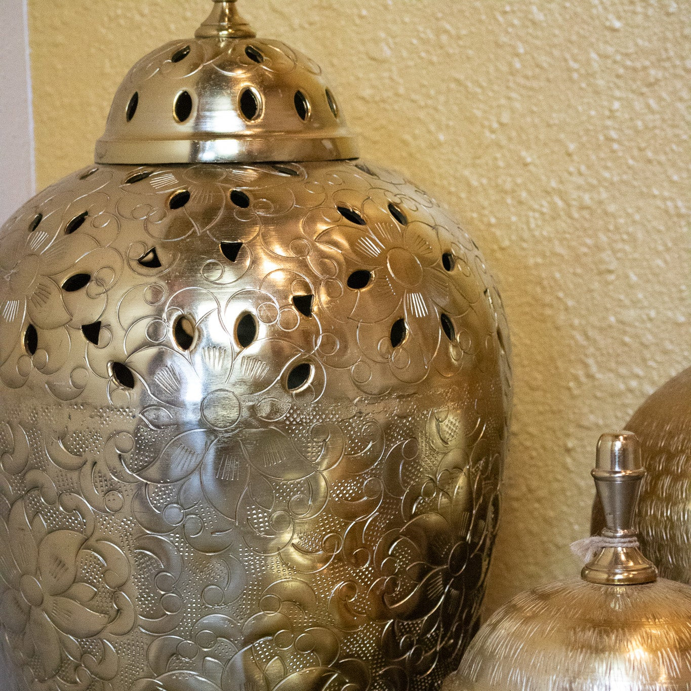 Elegant Golden Vase with Decorative Floral Design Handcrafted in India