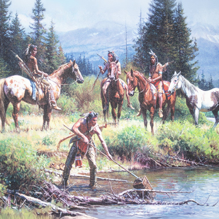 Canvas Transfer Lonestar Print of Indians and Horses at the River