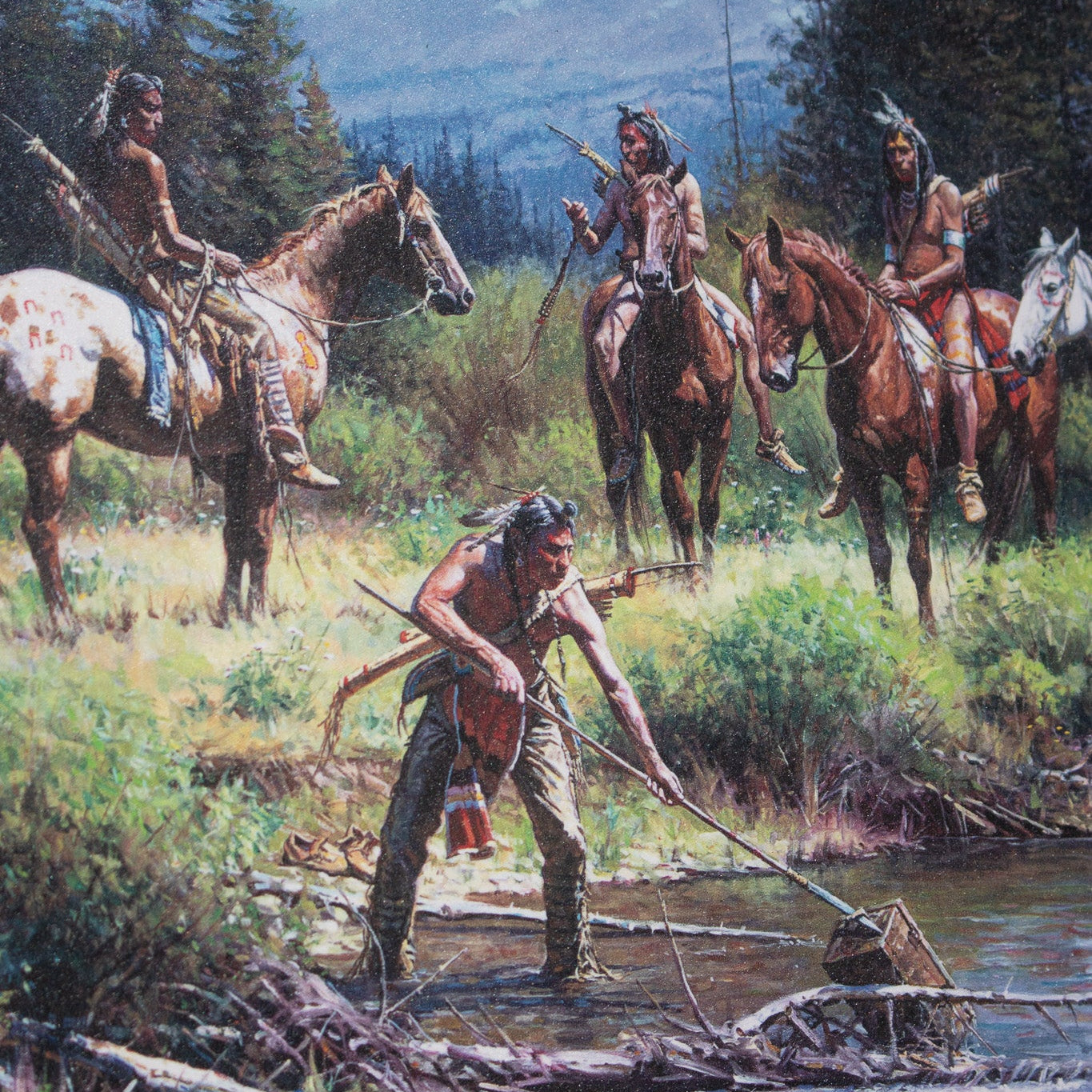 Canvas Transfer Lonestar Print of Indians and Horses at the River