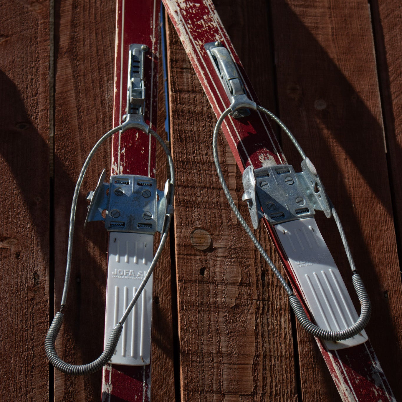 Red Wooden Antique Ski with Jofa Click-In Metal Bindings