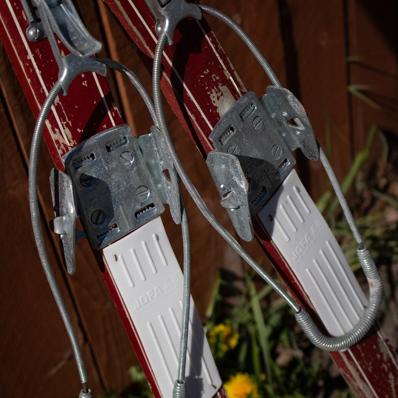 Red Wooden Antique Ski with Jofa Click-In Metal Bindings