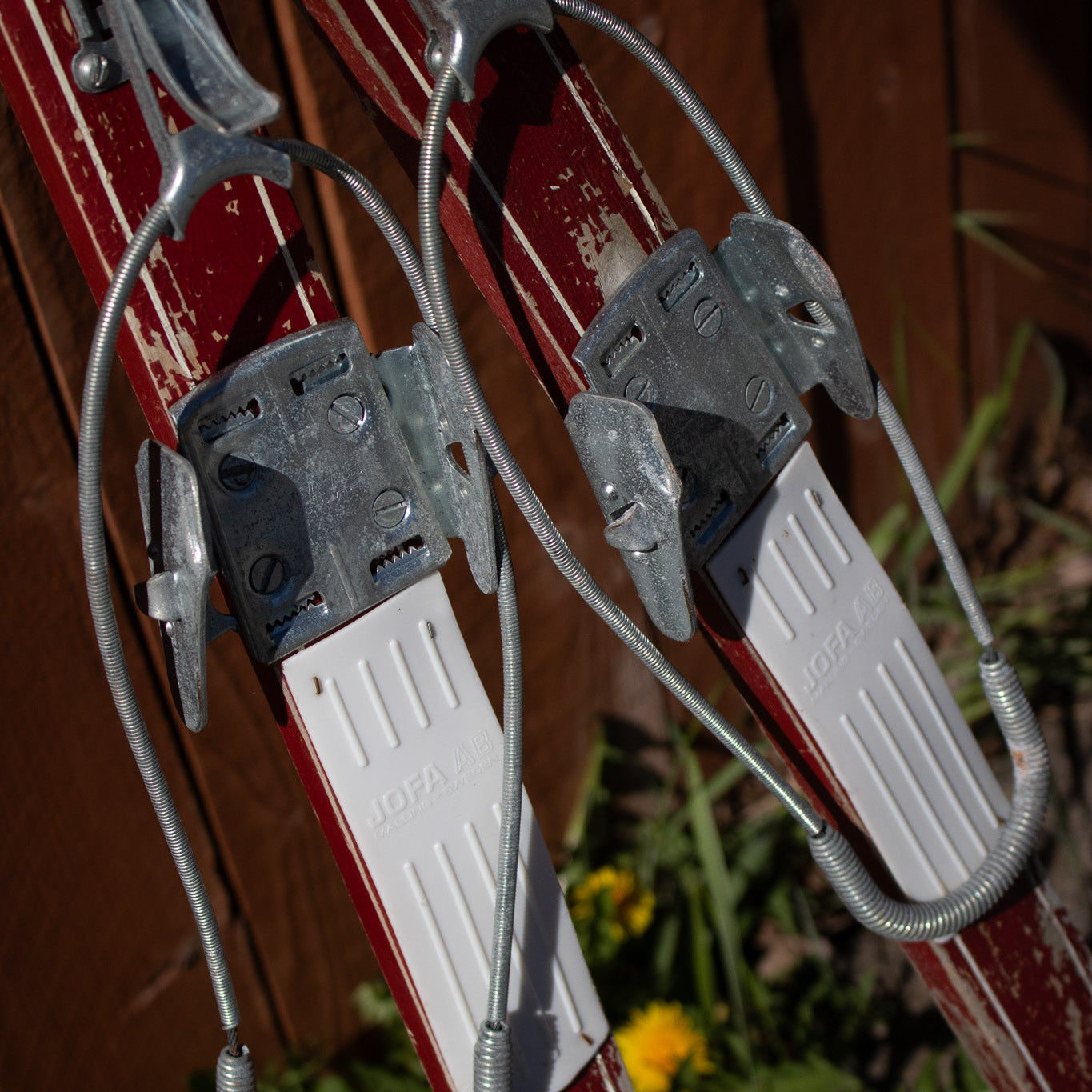 Red Wooden Antique Ski with Jofa Click-In Metal Bindings