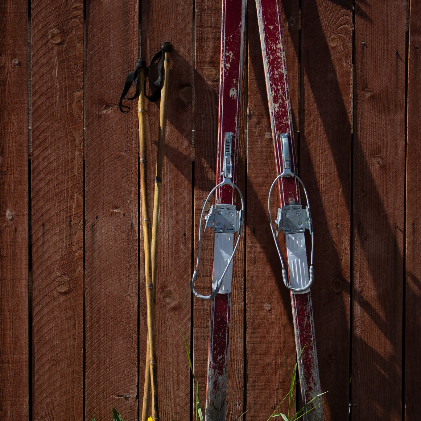 Red Wooden Antique Ski with Jofa Click-In Metal Bindings