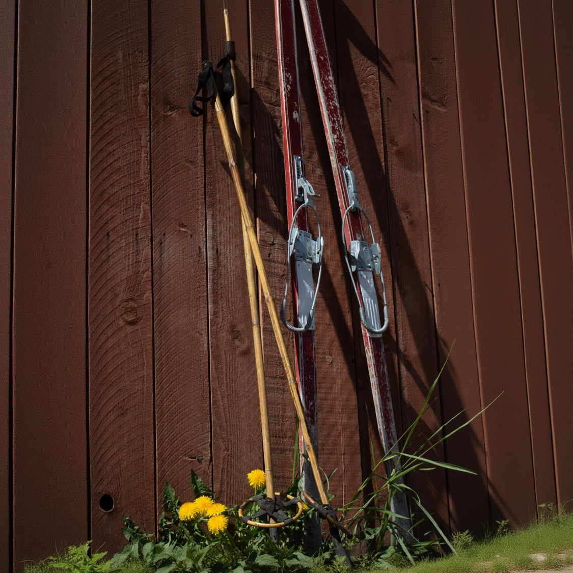 Vintage Wooden Bamboo Leather Ski Poles Set of 2 poles