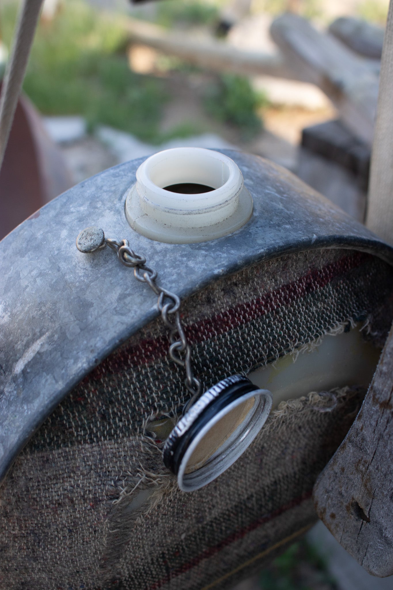 Antique Water Cantina With Original Strap and Wool Southwestern Pattern