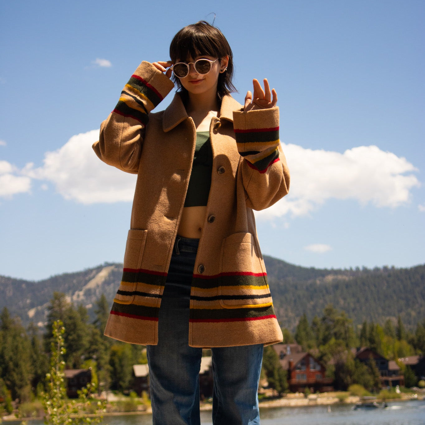 Pendleton Women's Wool Camel Striped Topper Coat Size Large