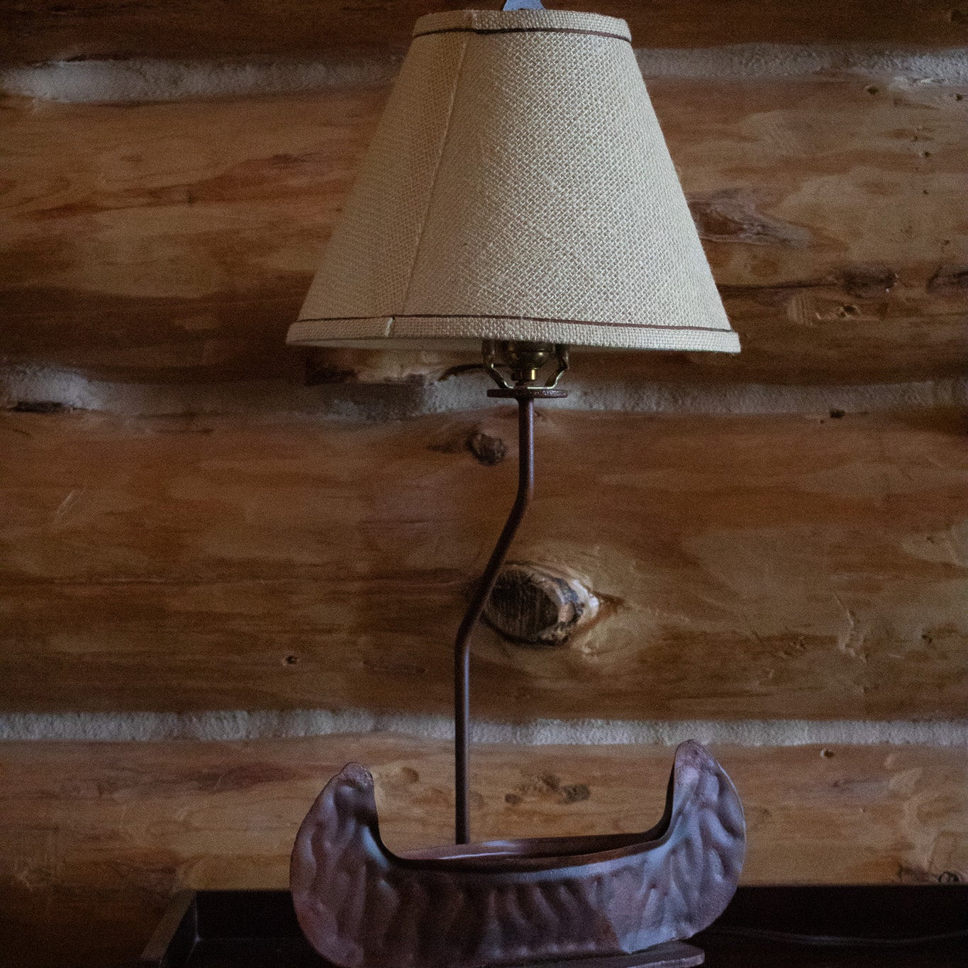 Rustic Metal Canoe Lamp with Tan Colored Shade