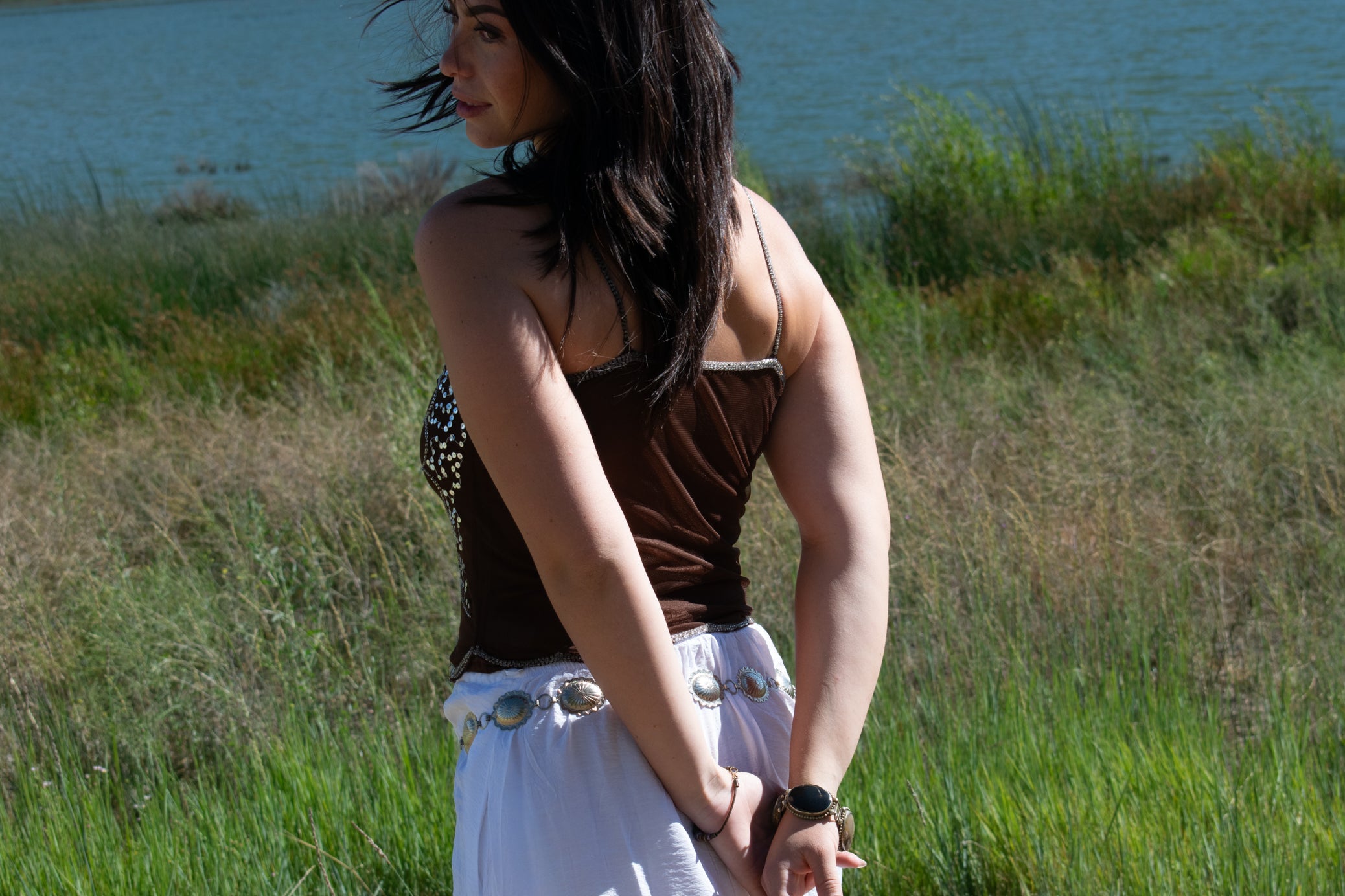 Vintage Brown with Silver Sequin Mesh Top