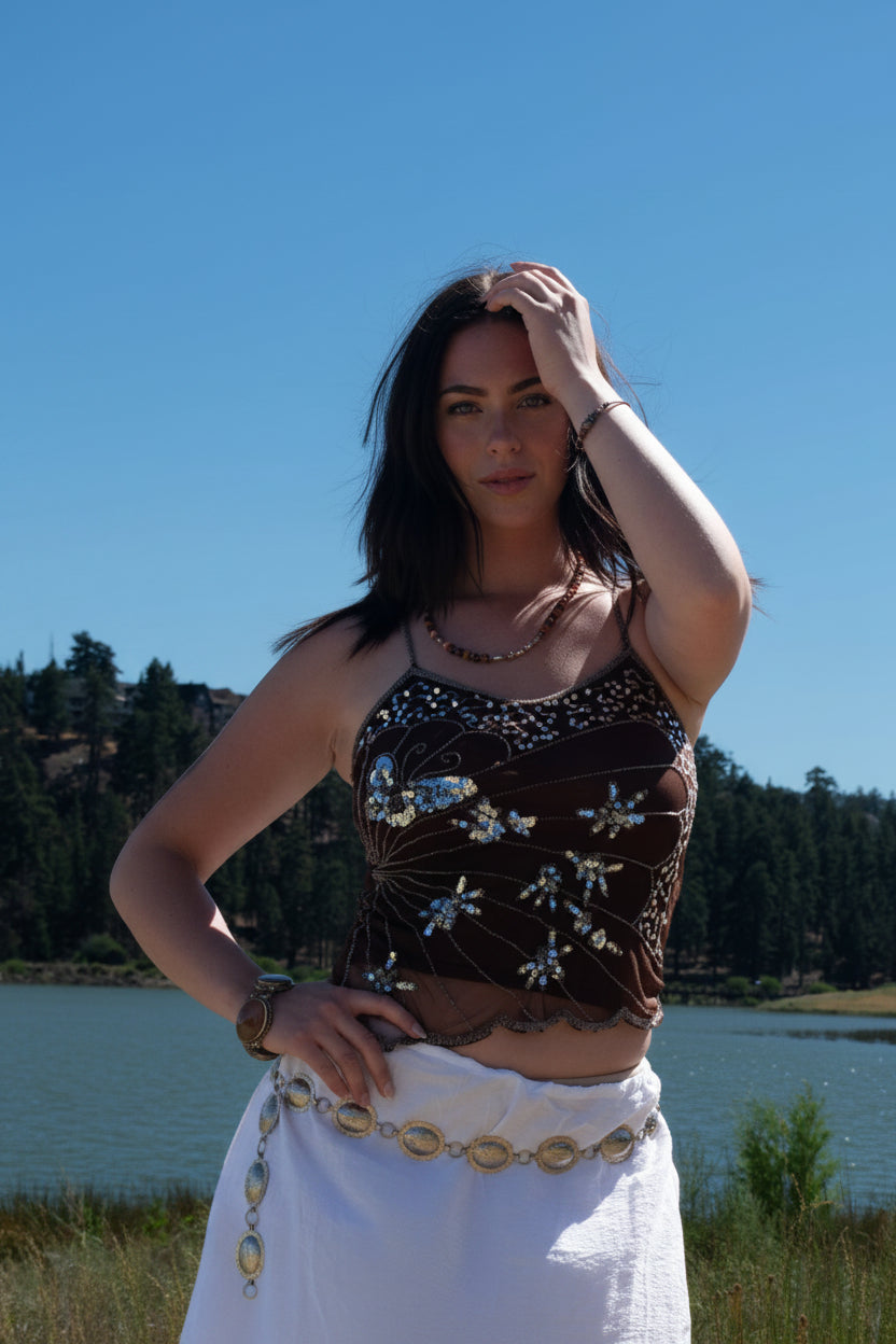 Vintage Brown with Silver Sequin Mesh Top