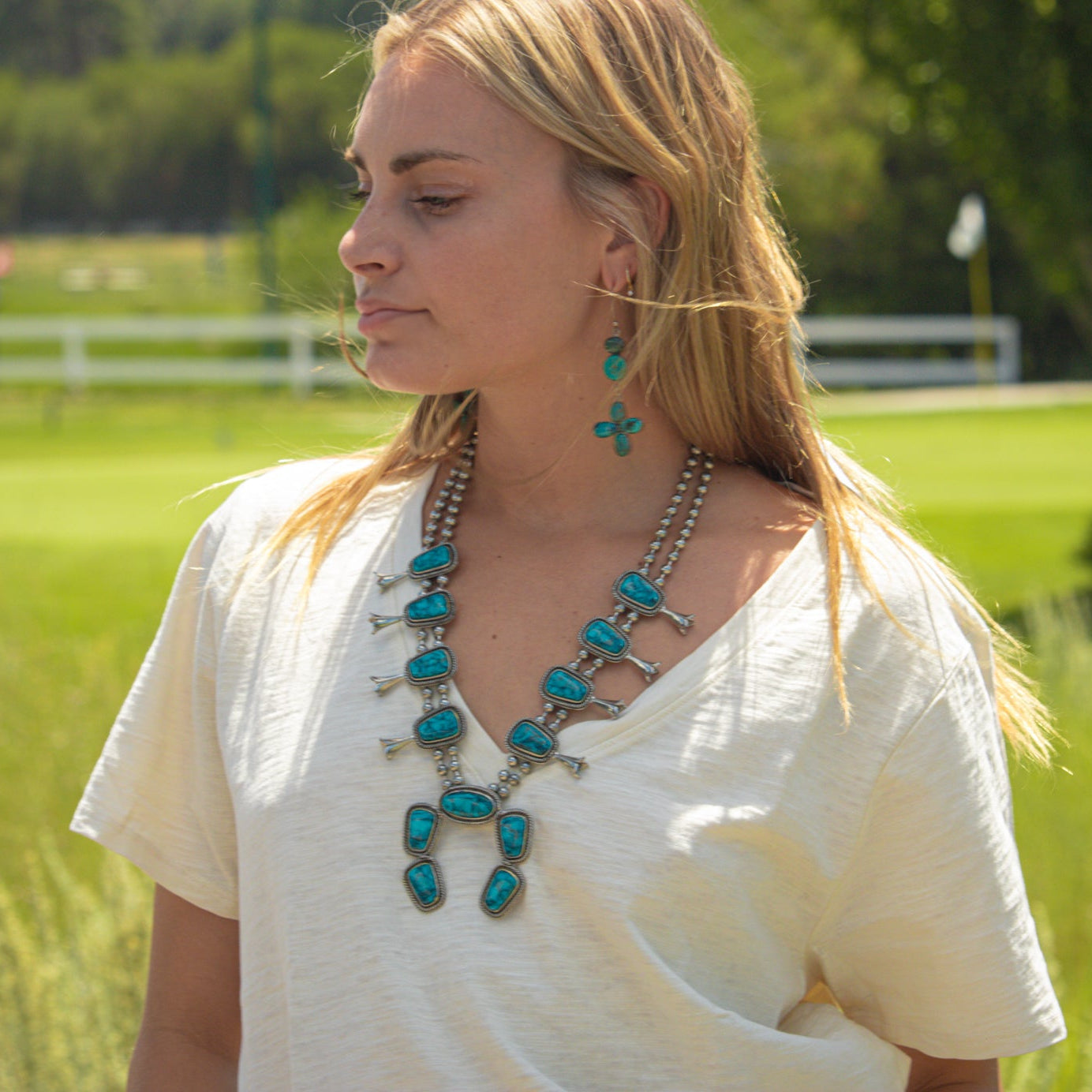Vintage 60s Pewter Faux Turquoise Squash Blossom Necklace