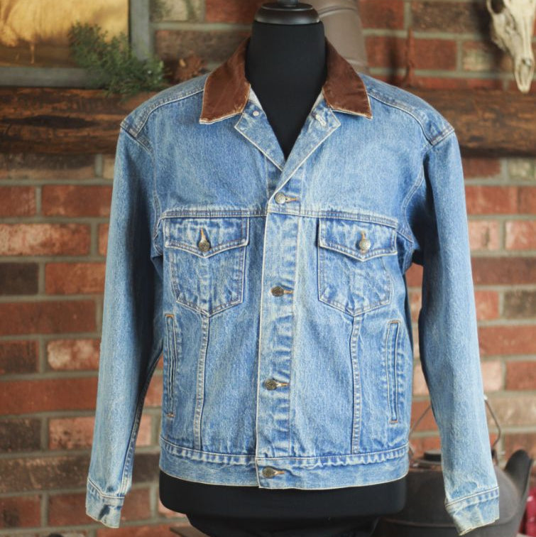 marlboro country store denim jacket leather collar flannel lined medium