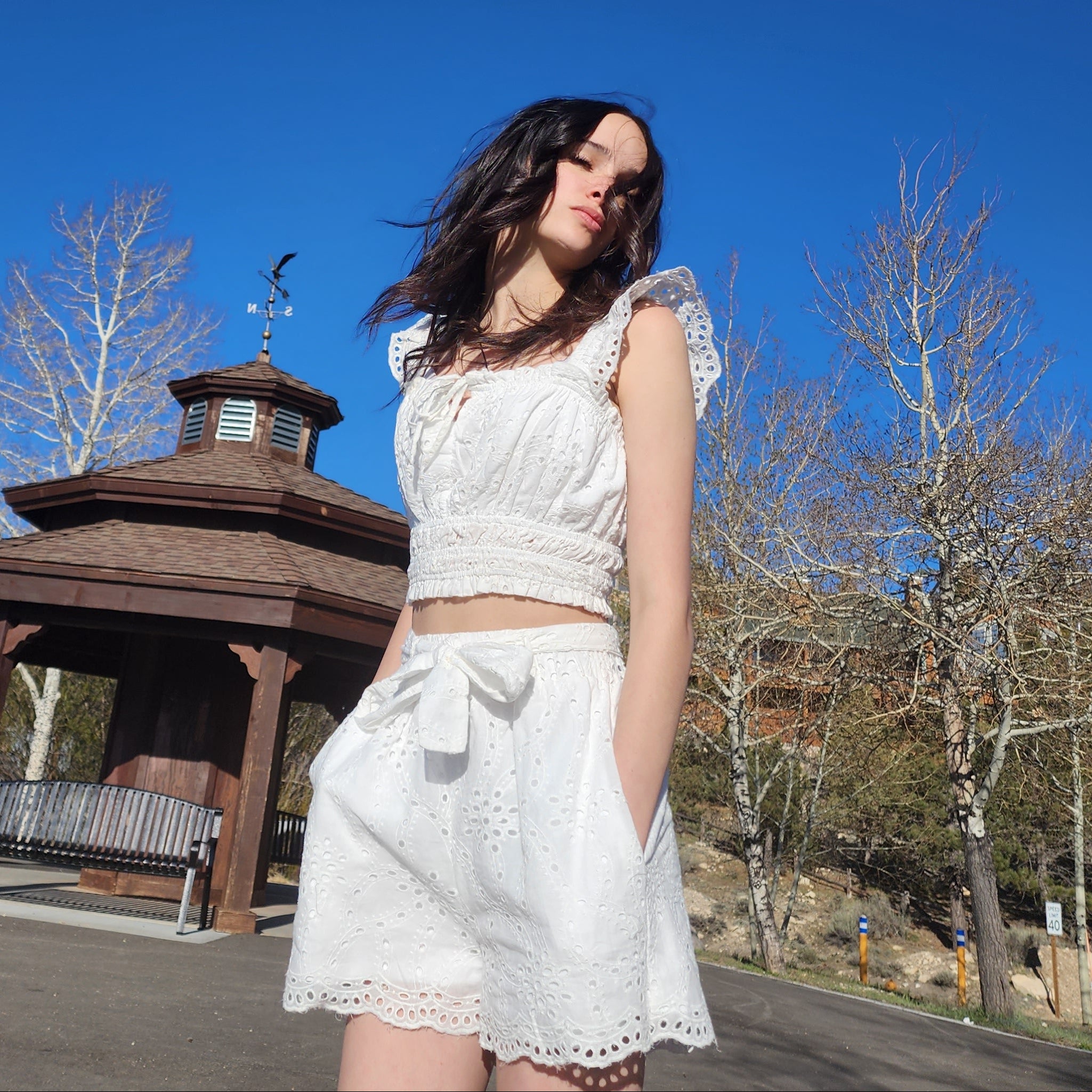 Monteau Los Angeles Set White Eyelet Shorts with Tie and Matching Eyelet Smocked Cropped Blouse Size Small