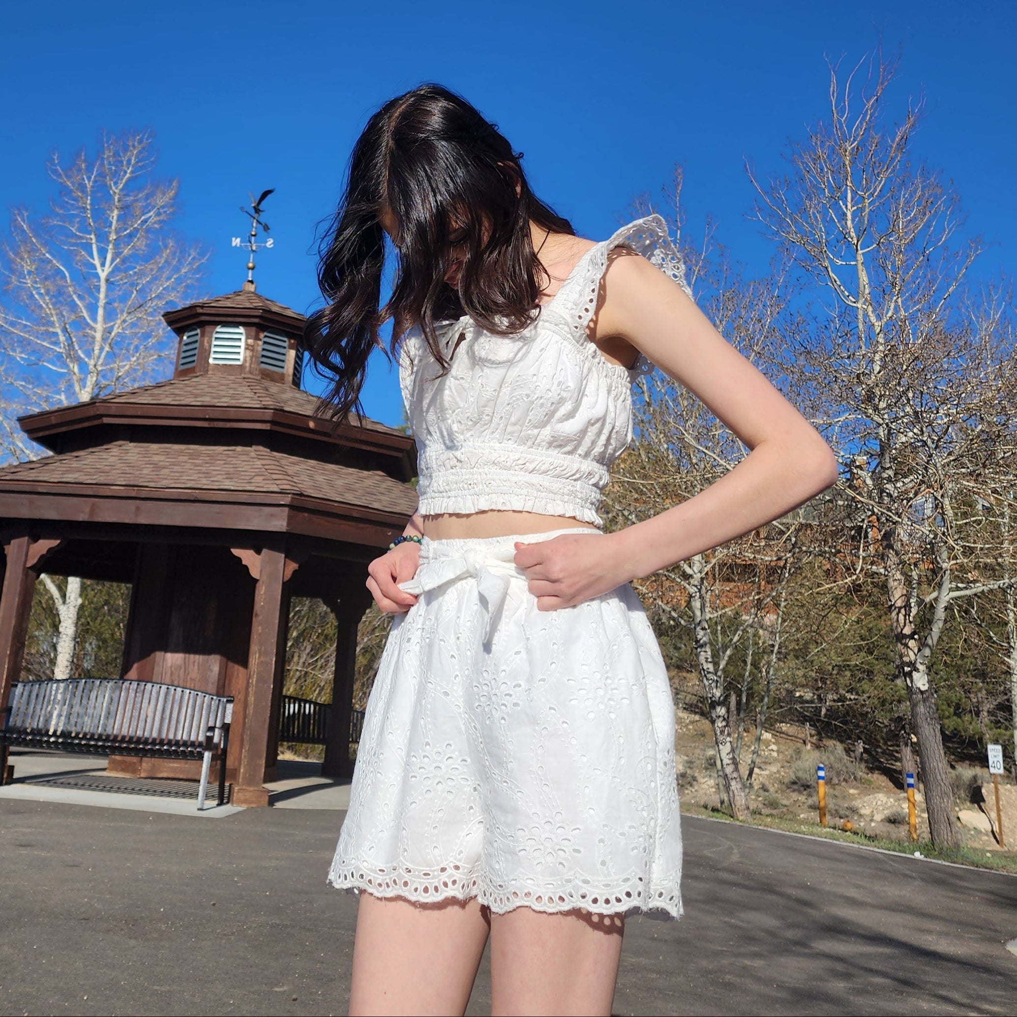 Monteau Los Angeles Set White Eyelet Shorts with Tie and Matching Eyelet Smocked Cropped Blouse Size Small