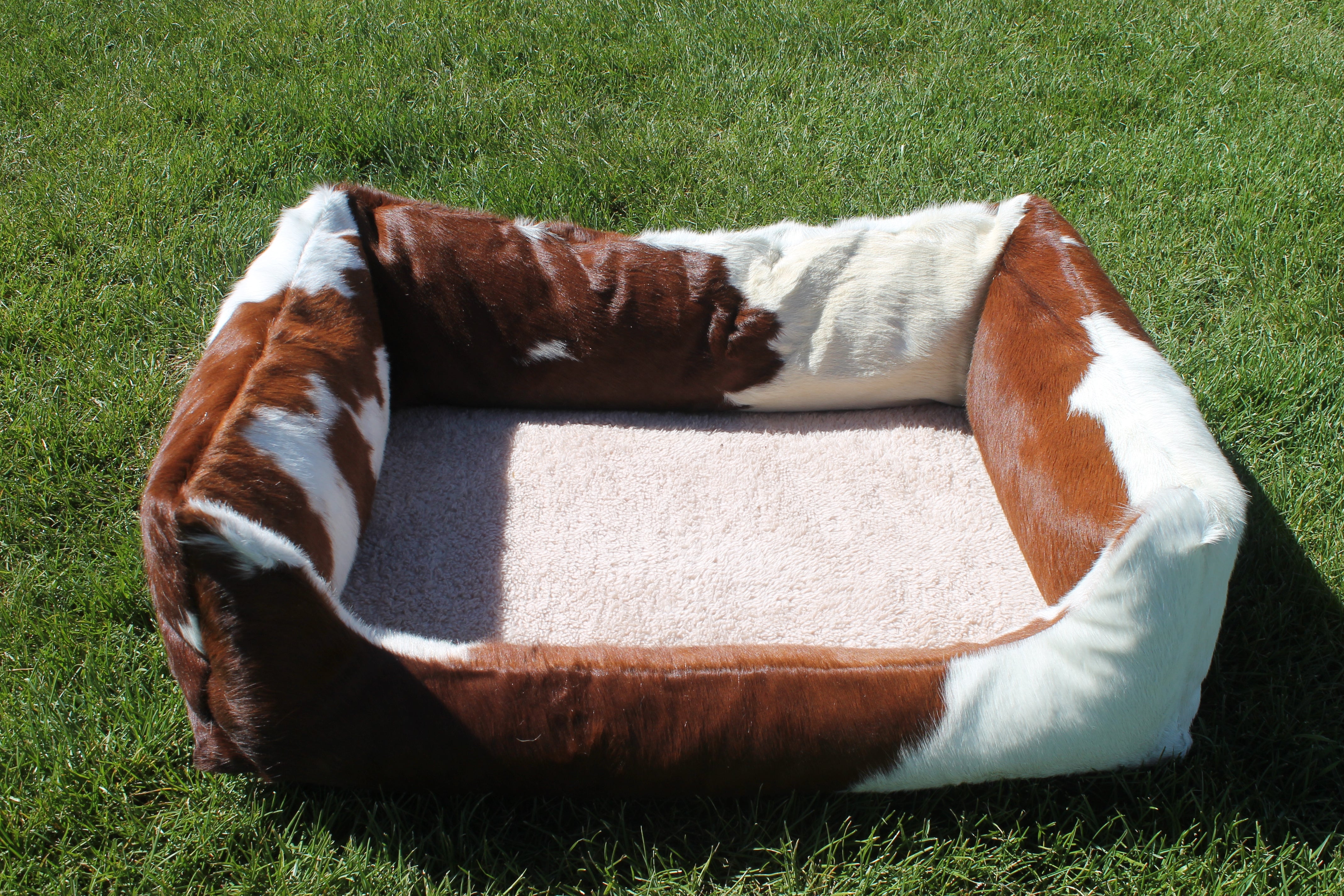 Brown and White Luxury Cowhide Pet Bed, Removable Washable Cushion