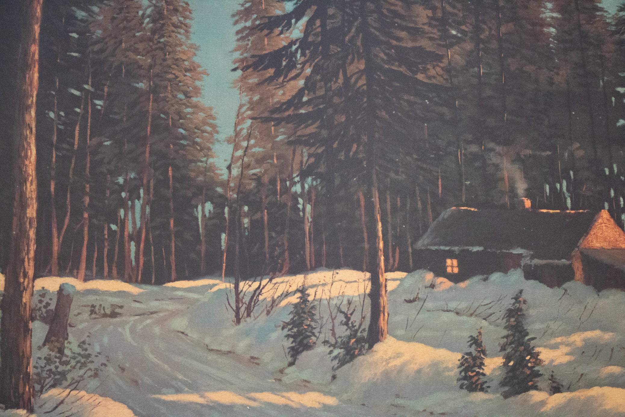 Bruce Mitchell “Winter Retreat” Framed Cabin Snow Painting – Large Rustic Winter Wall Art 36x48