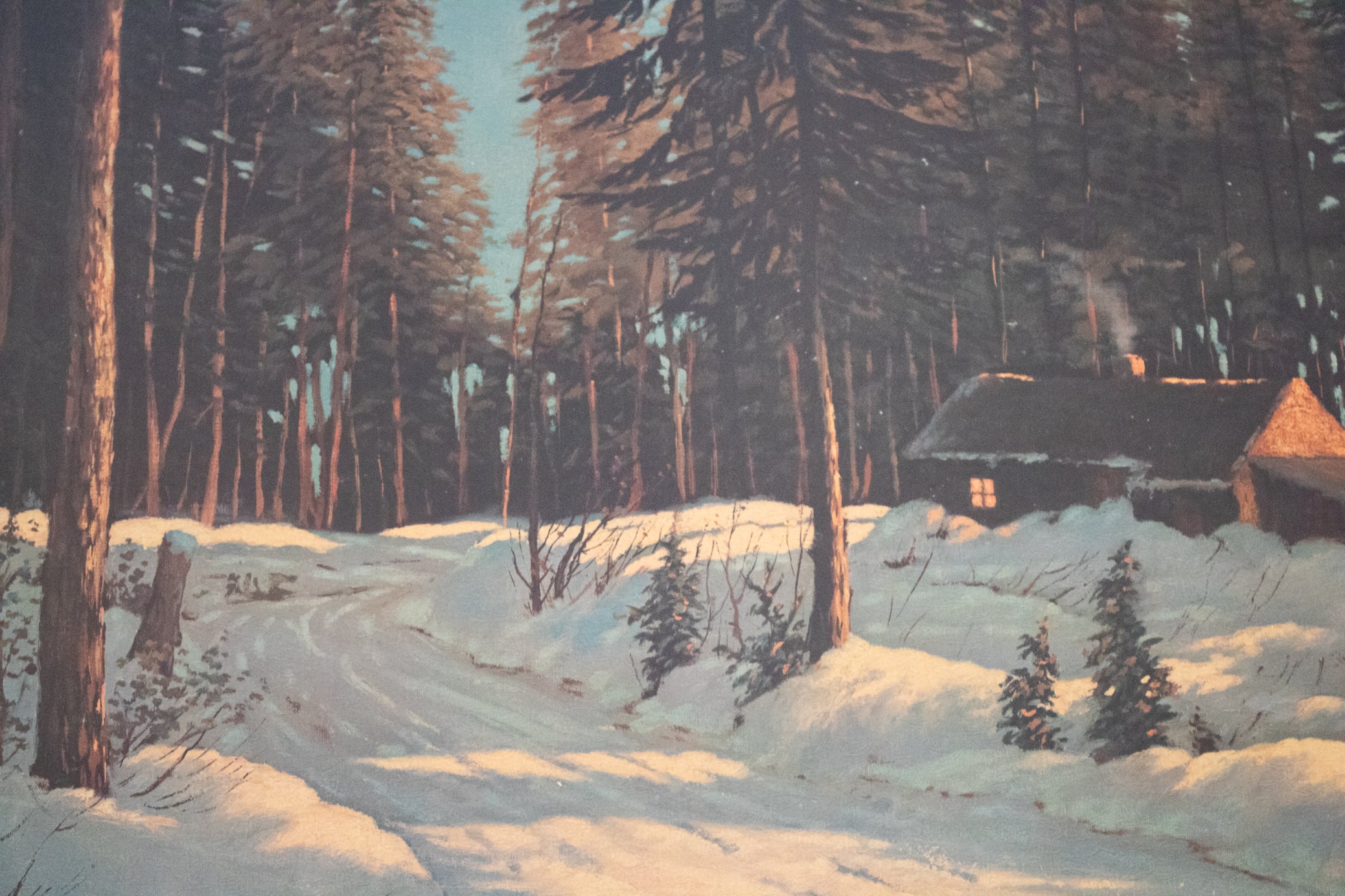 Bruce Mitchell “Winter Retreat” Framed Cabin Snow Painting – Large Rustic Winter Wall Art 36x48