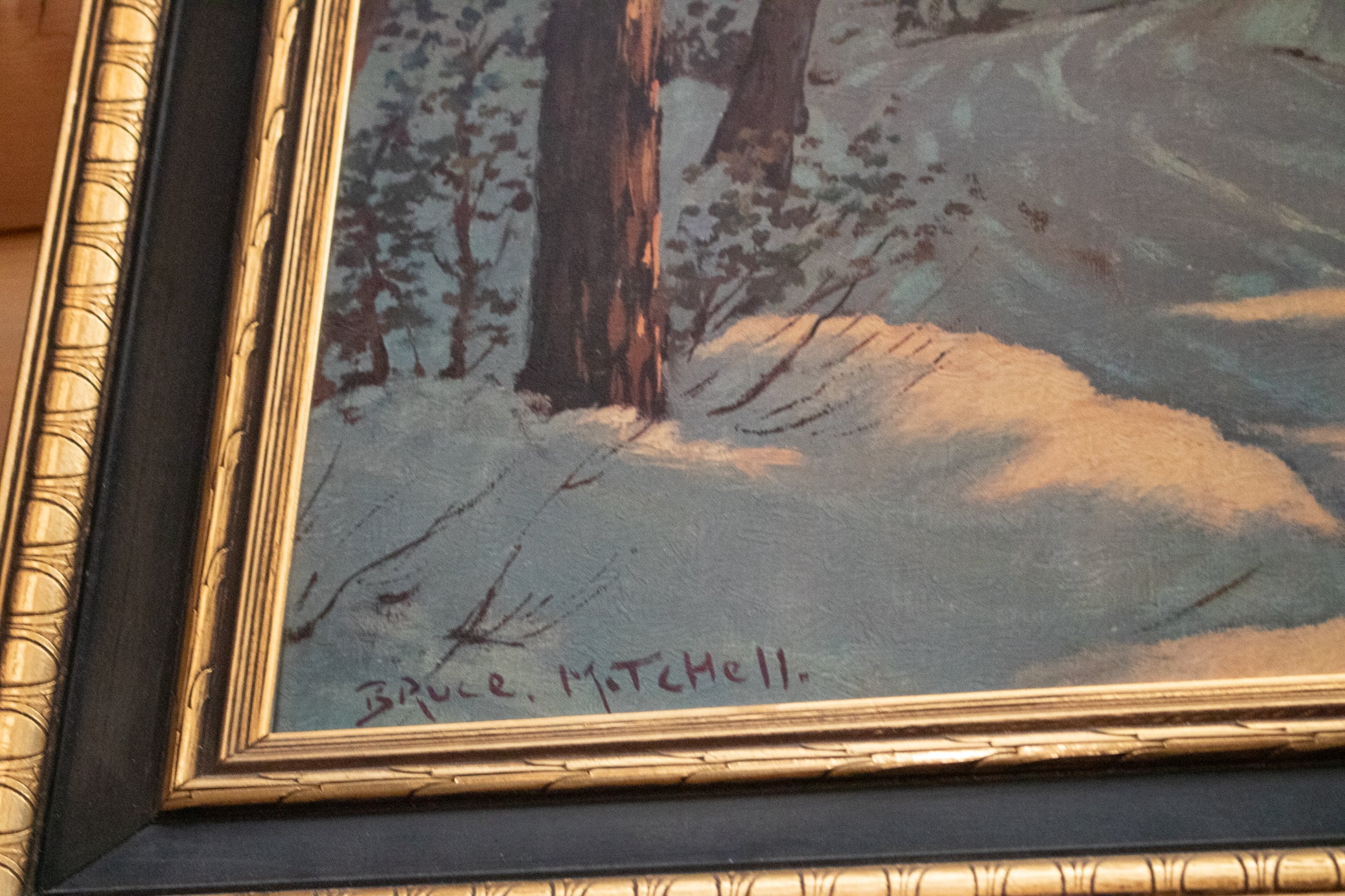 Bruce Mitchell “Winter Retreat” Framed Cabin Snow Painting – Large Rustic Winter Wall Art 36x48