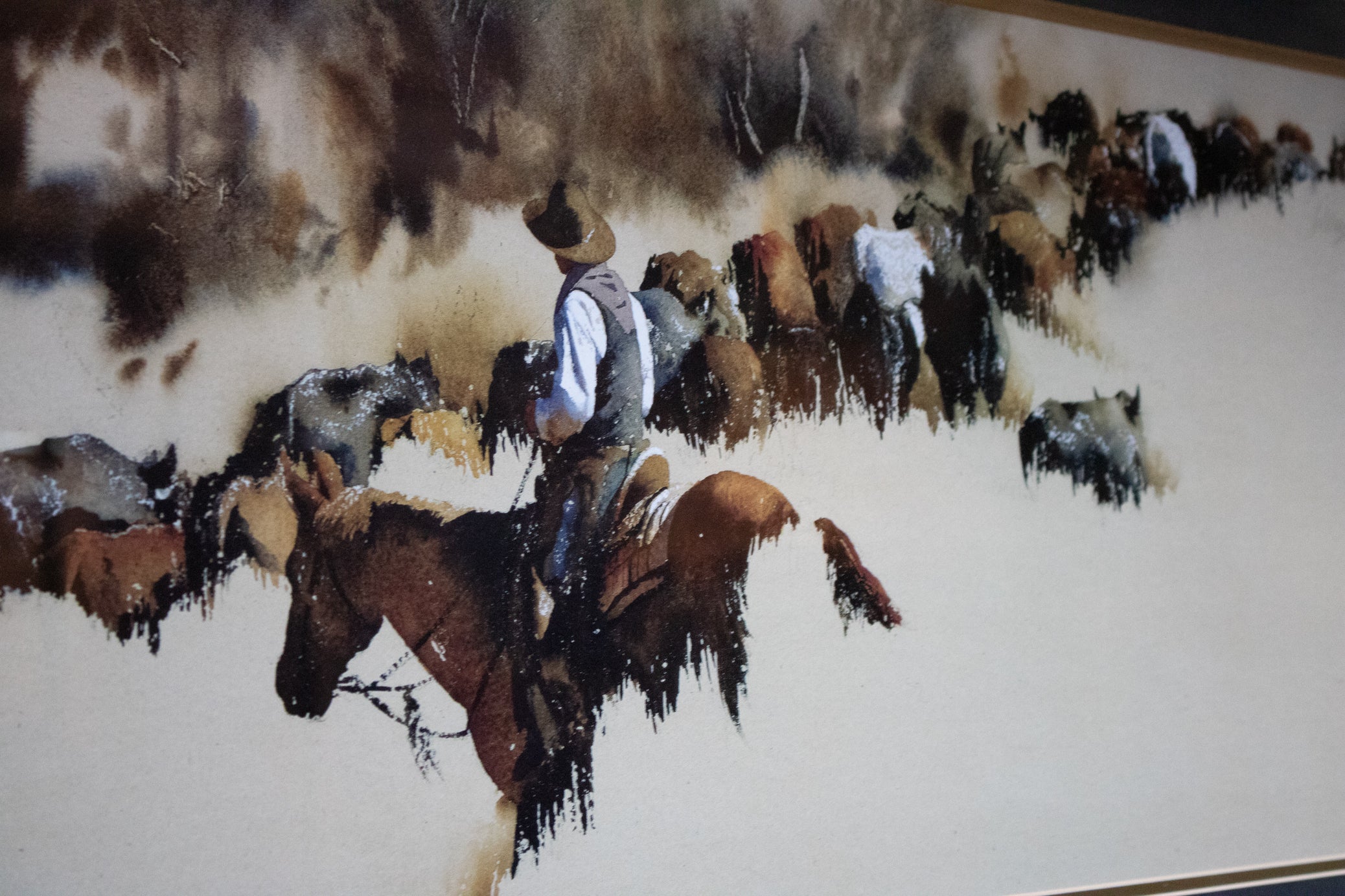 Framed Western Cattle Drive Painting by William Dye – Cowboy Horse Panoramic Rustic Wall Art