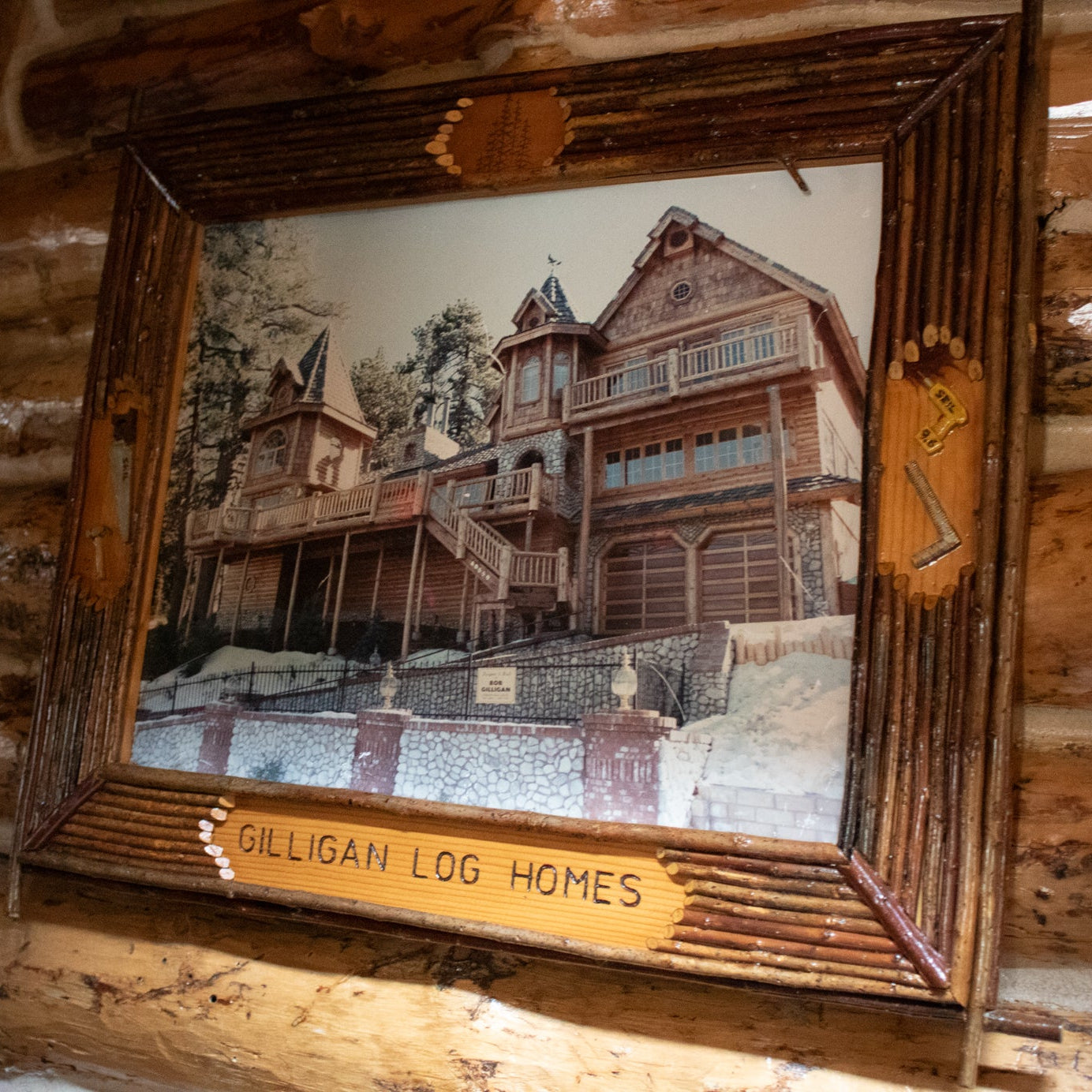 Framed Photo of Gilligan Log Home with Custom Tool Detailed Frame