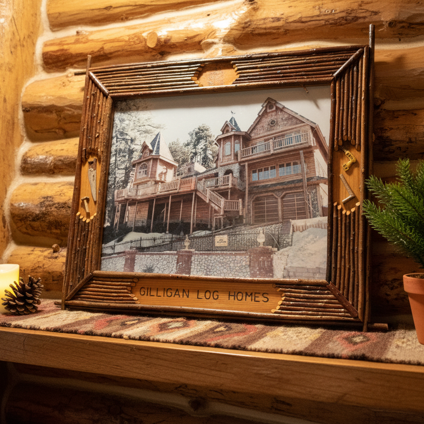 Framed Photo of Gilligan Log Home with Custom Tool Detailed Frame